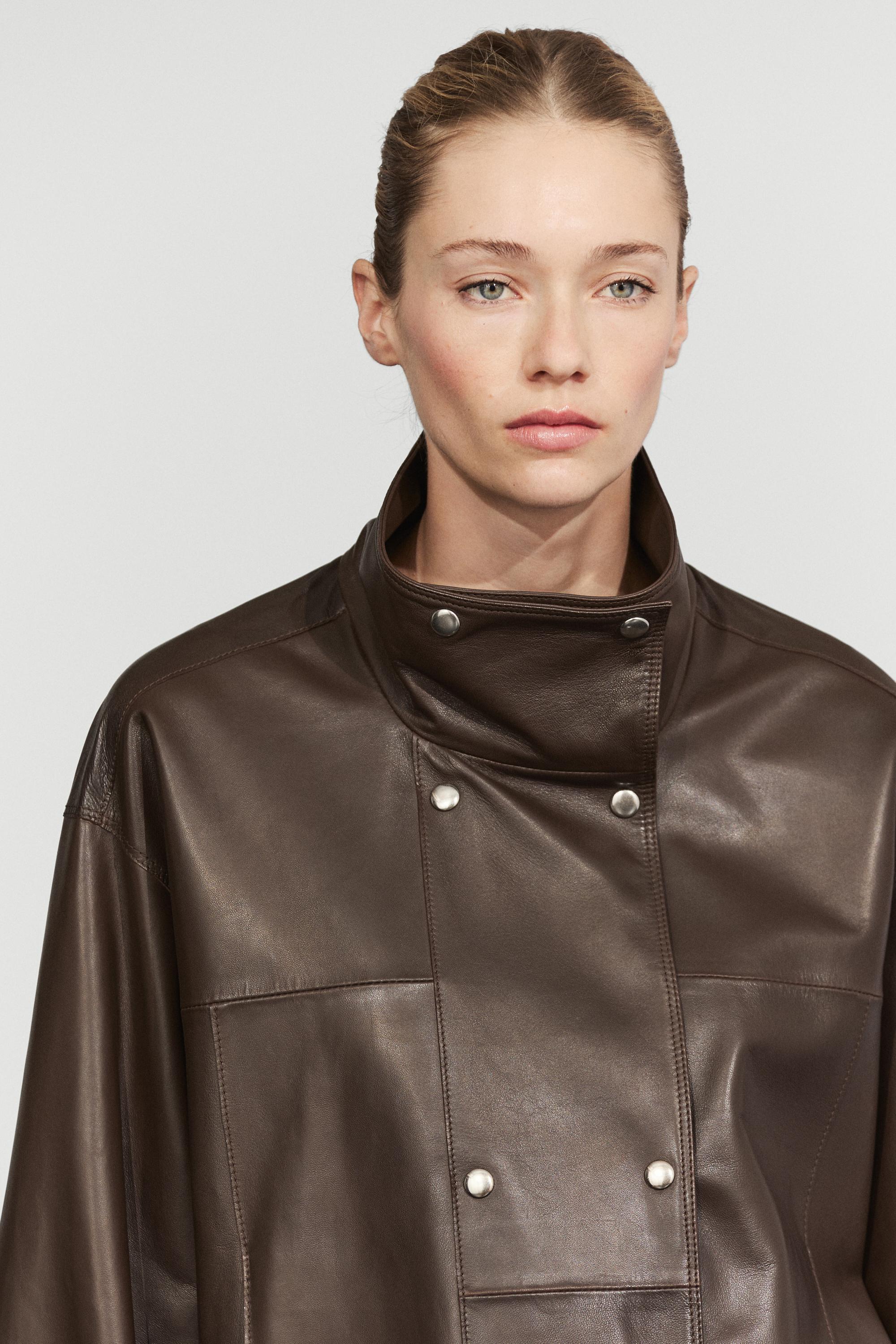 Nappa leather button-placket jacket — BROWN