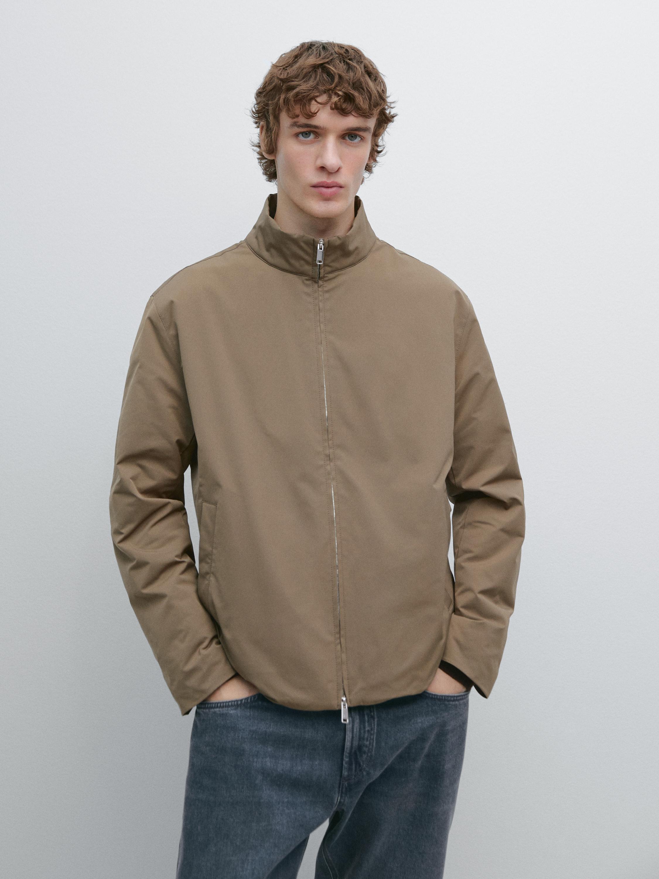 Water-repellent puffer jacket with high neck — PALE KHAKI