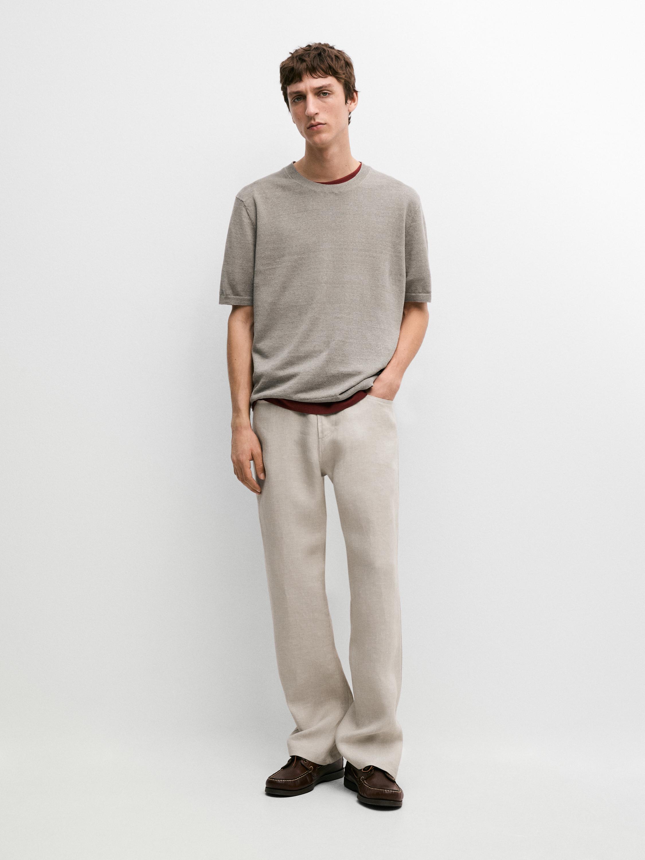 Lightweight 100% linen knit T-shirt — NATURAL GREY