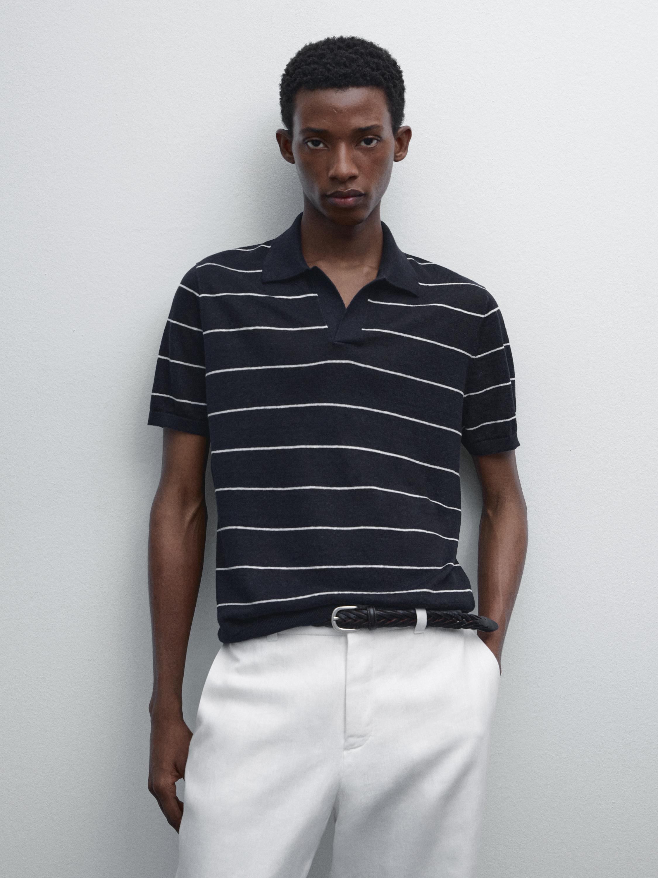 قميص بولو كتان بحياكة مخططة