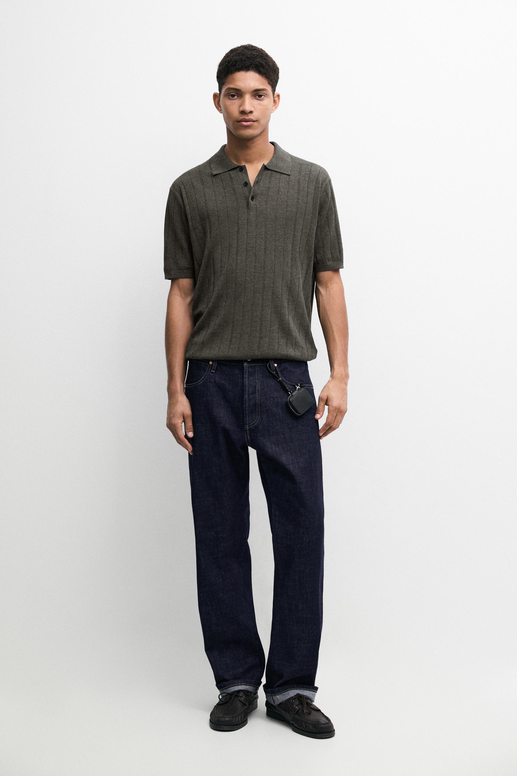 Knit cotton blend polo shirt with short sleeves — CHARCOAL
