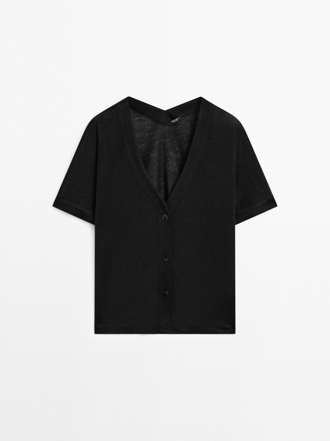 Massimo Dutti - Dame - Kortærmet Cardigan I 100 % Hør - Sort - Xs