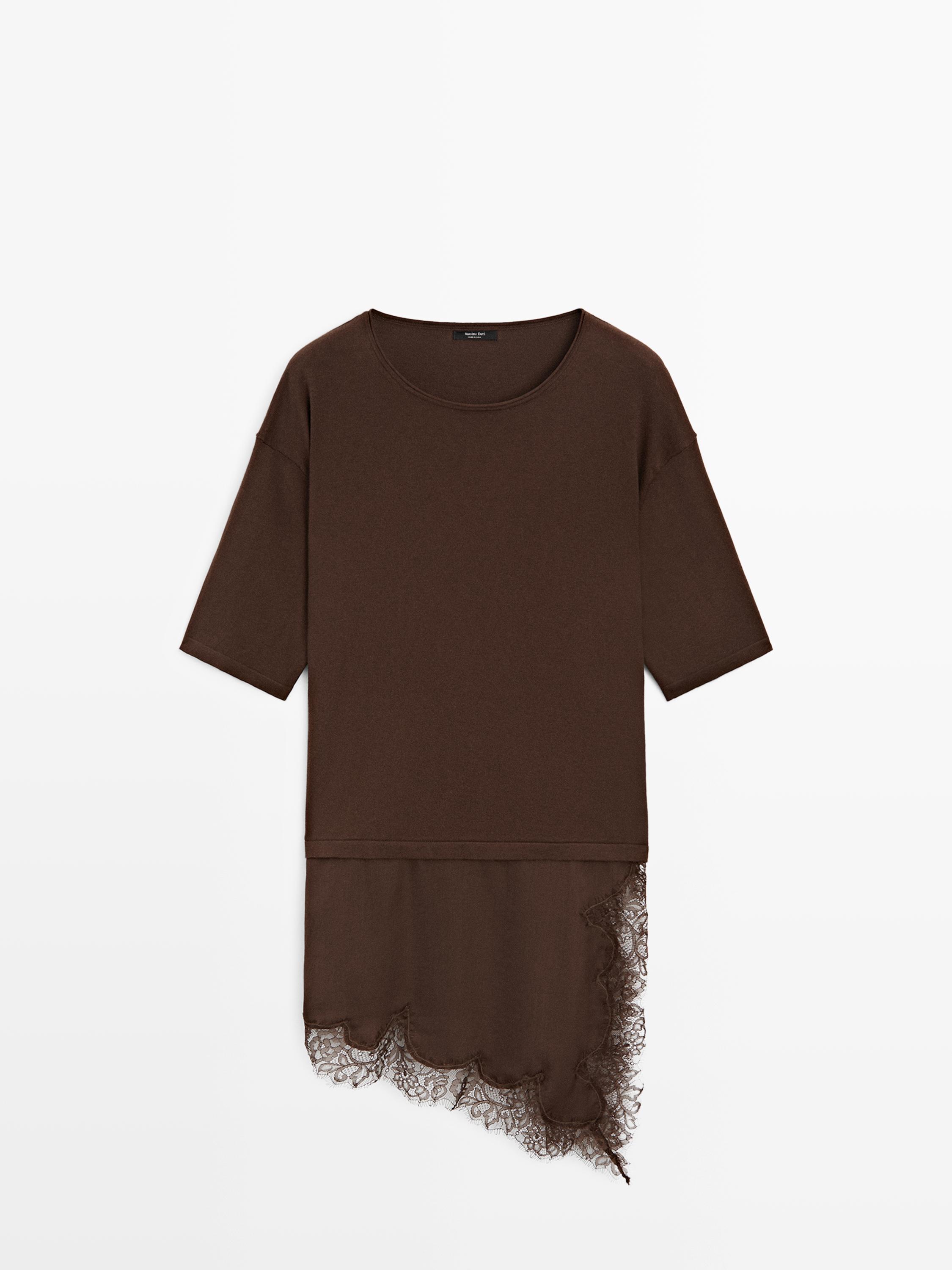 Sweater with contrast lace detail — BROWN