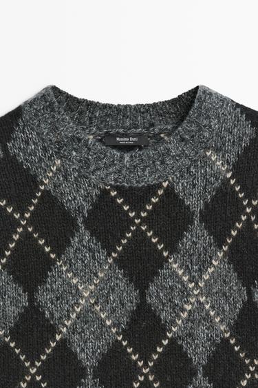 Cashmere-blend short sleeve argyle knit sweater — GREY 4