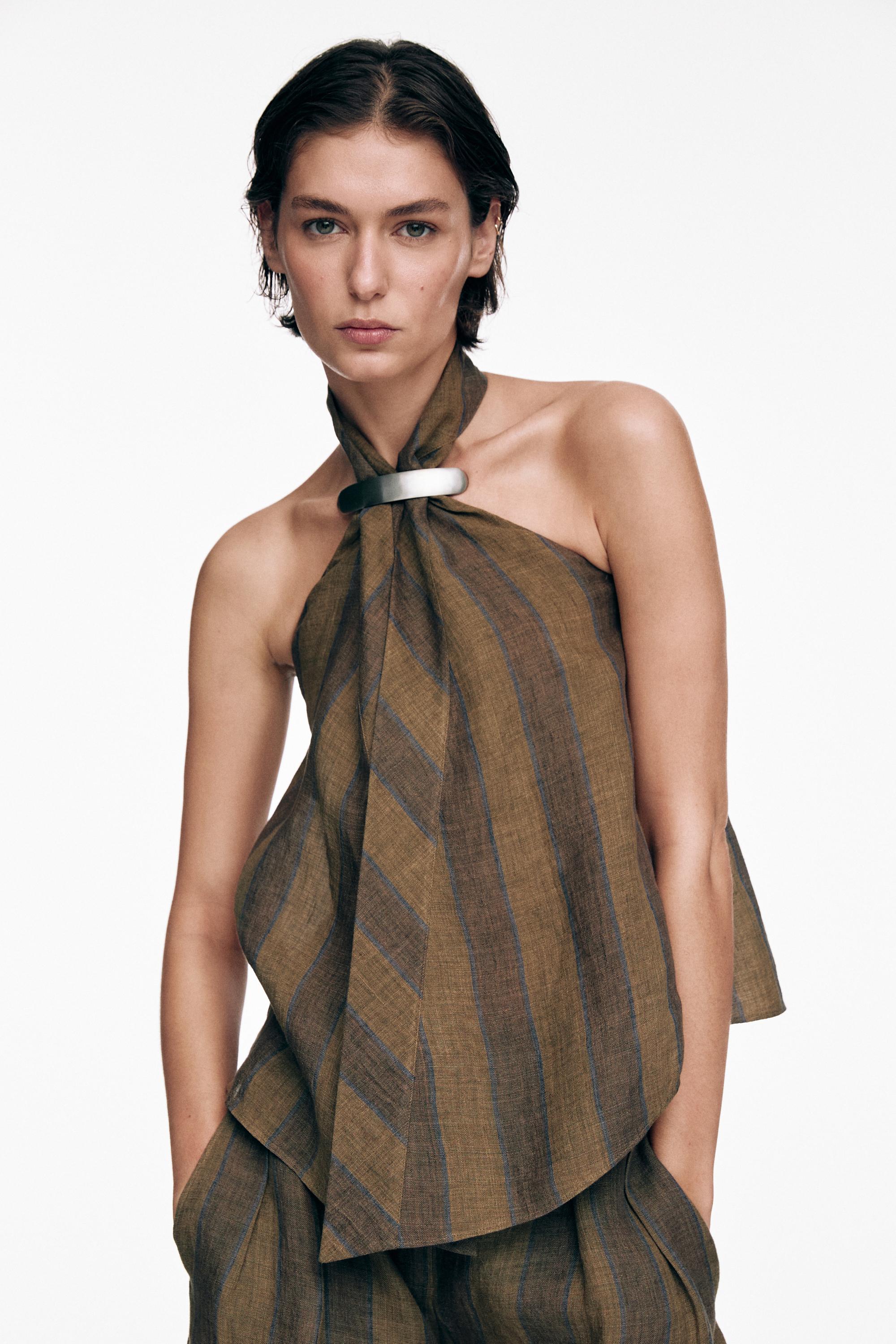 Printed waistcoat with crossover neckline — KHAKI