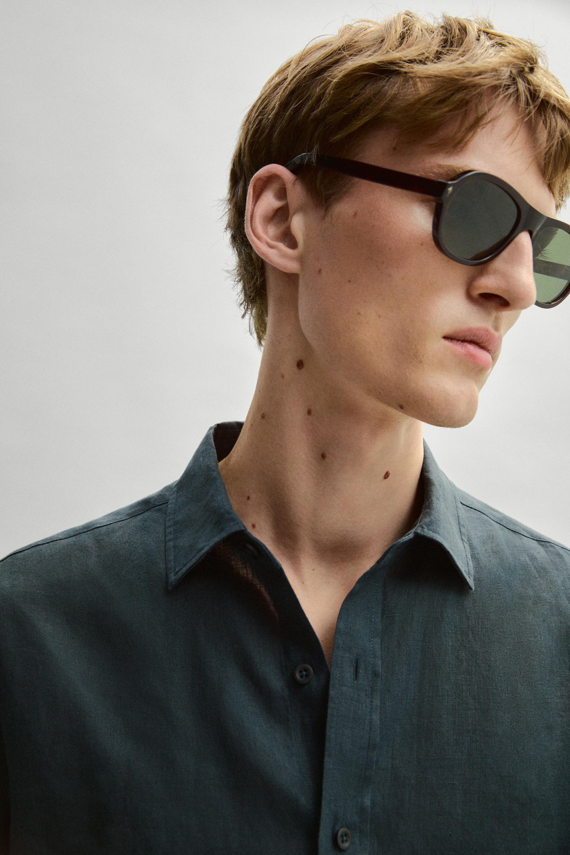Slim fit 100% linen shirt — Misty blue