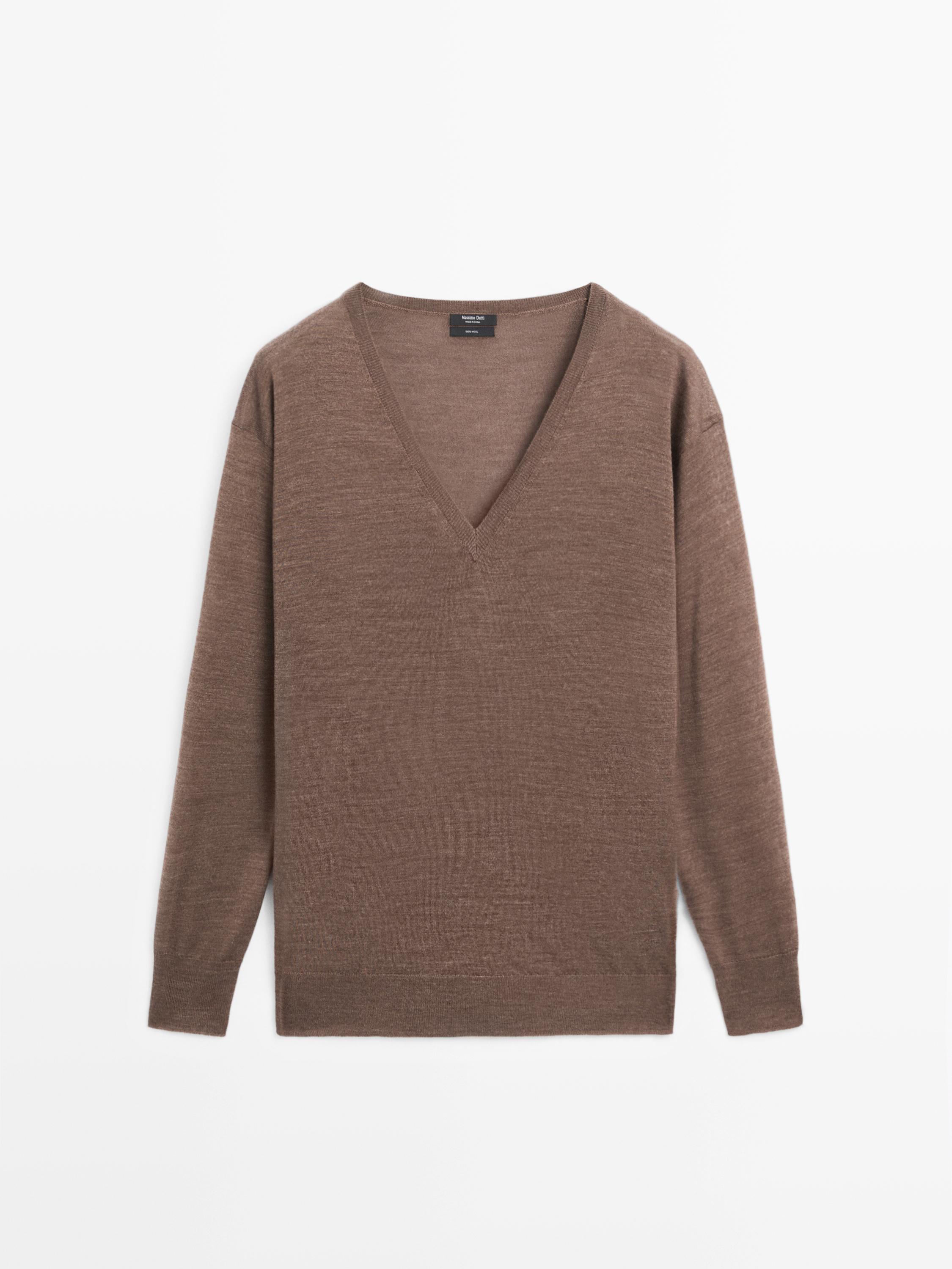 100% wool V-neck knit sweater — BROWN