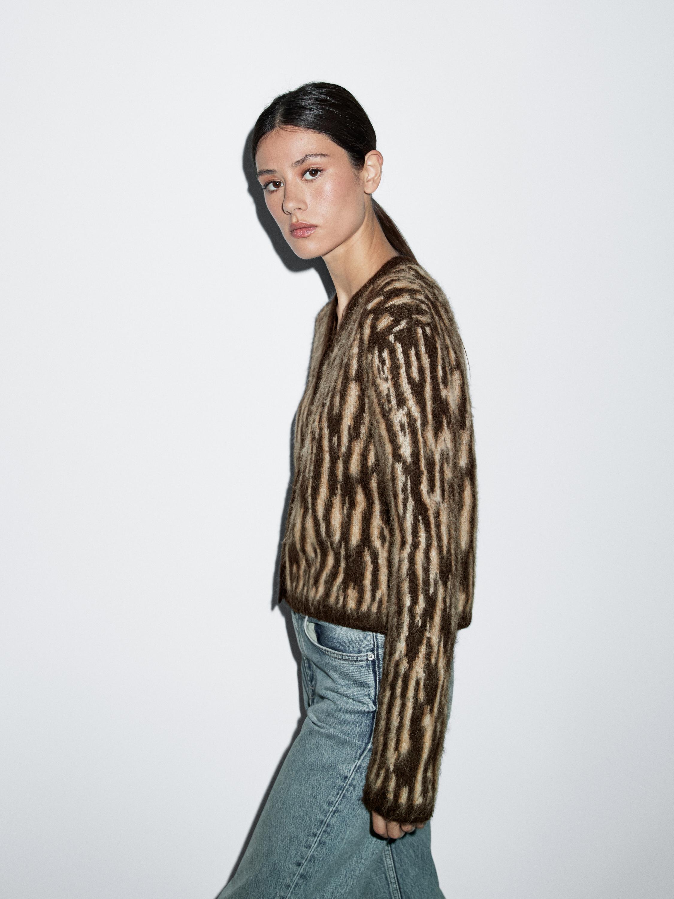Alpaca wool blend animal print cardigan