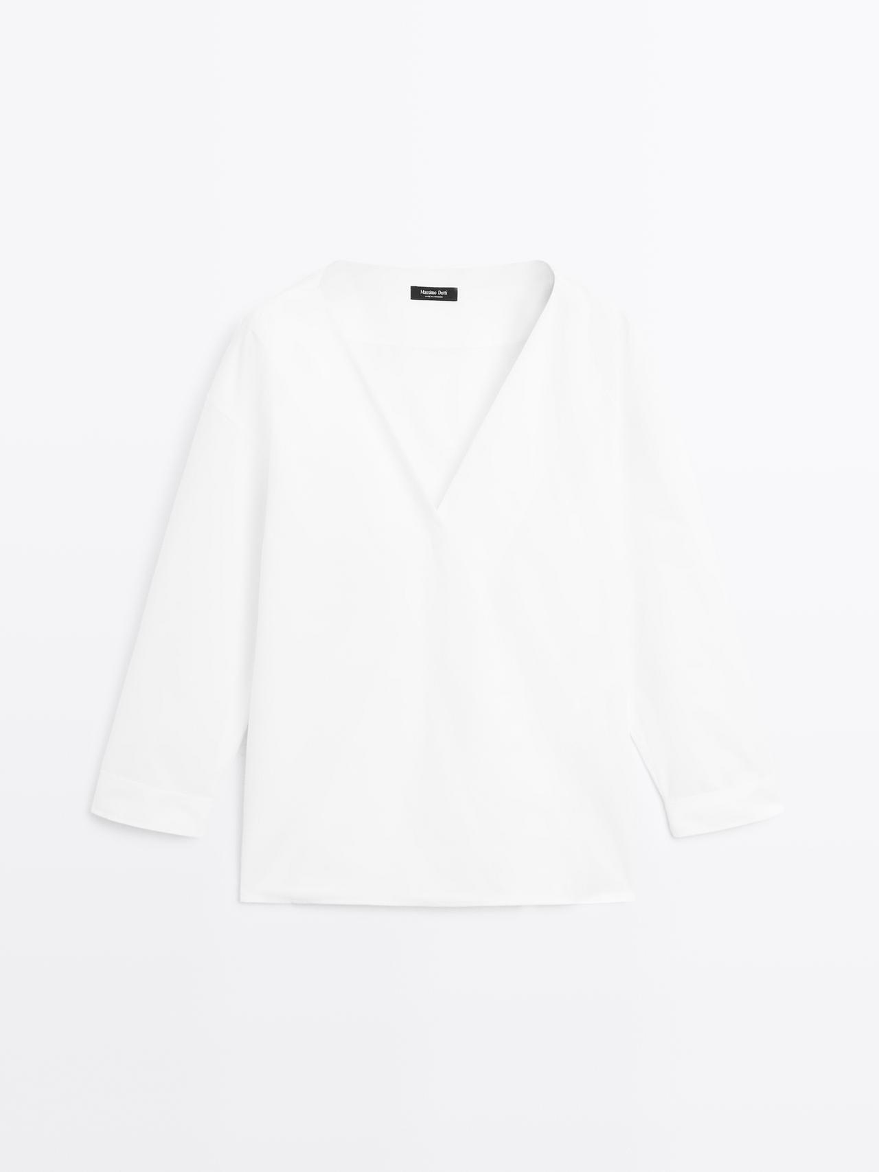 Massimo Dutti - Dame - Bluse I 100 % Bomuld Med Overlappende Look - Hvid - S