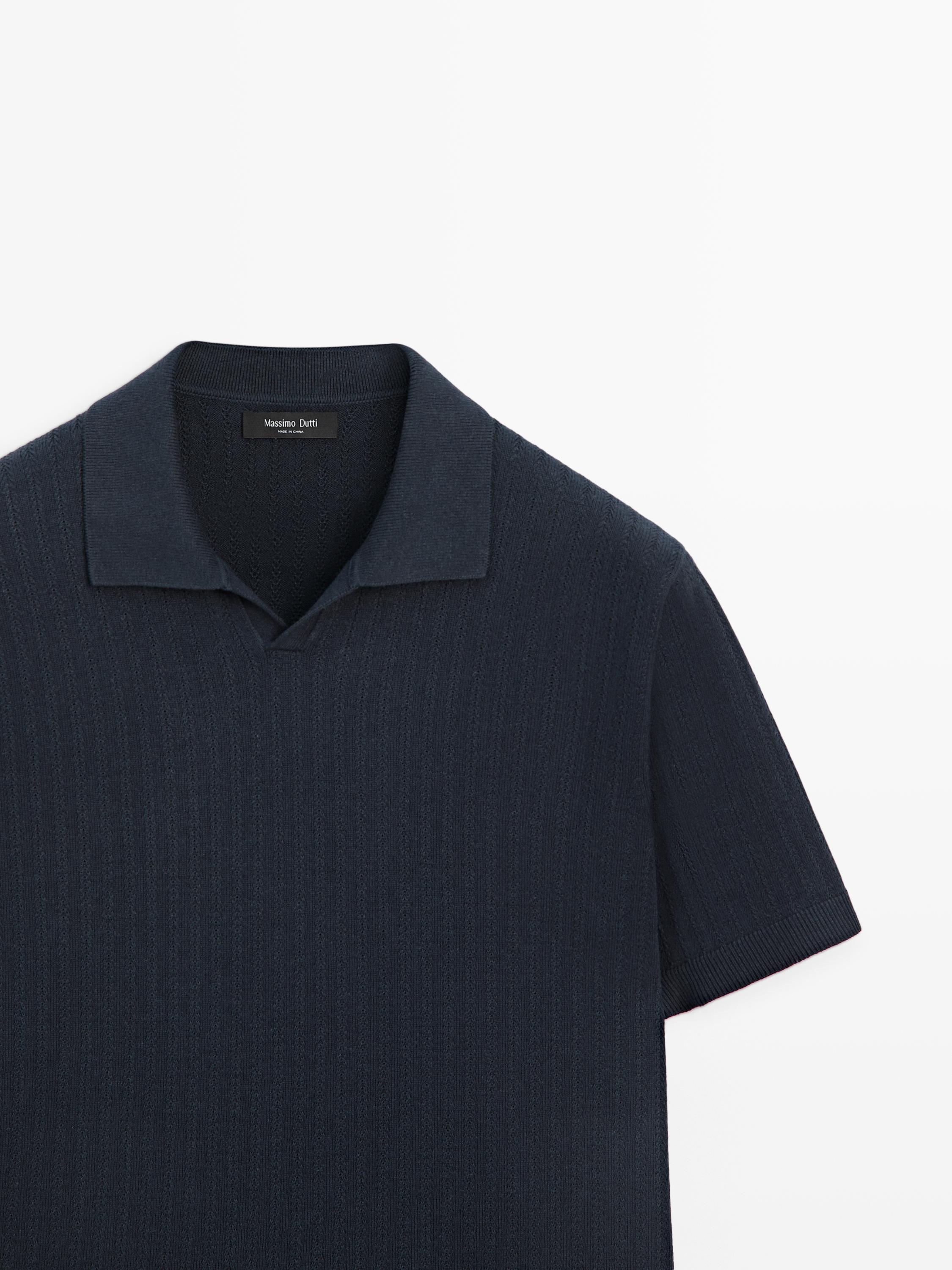 Knit polo sweater with cutwork detail — NAVY BLUE
