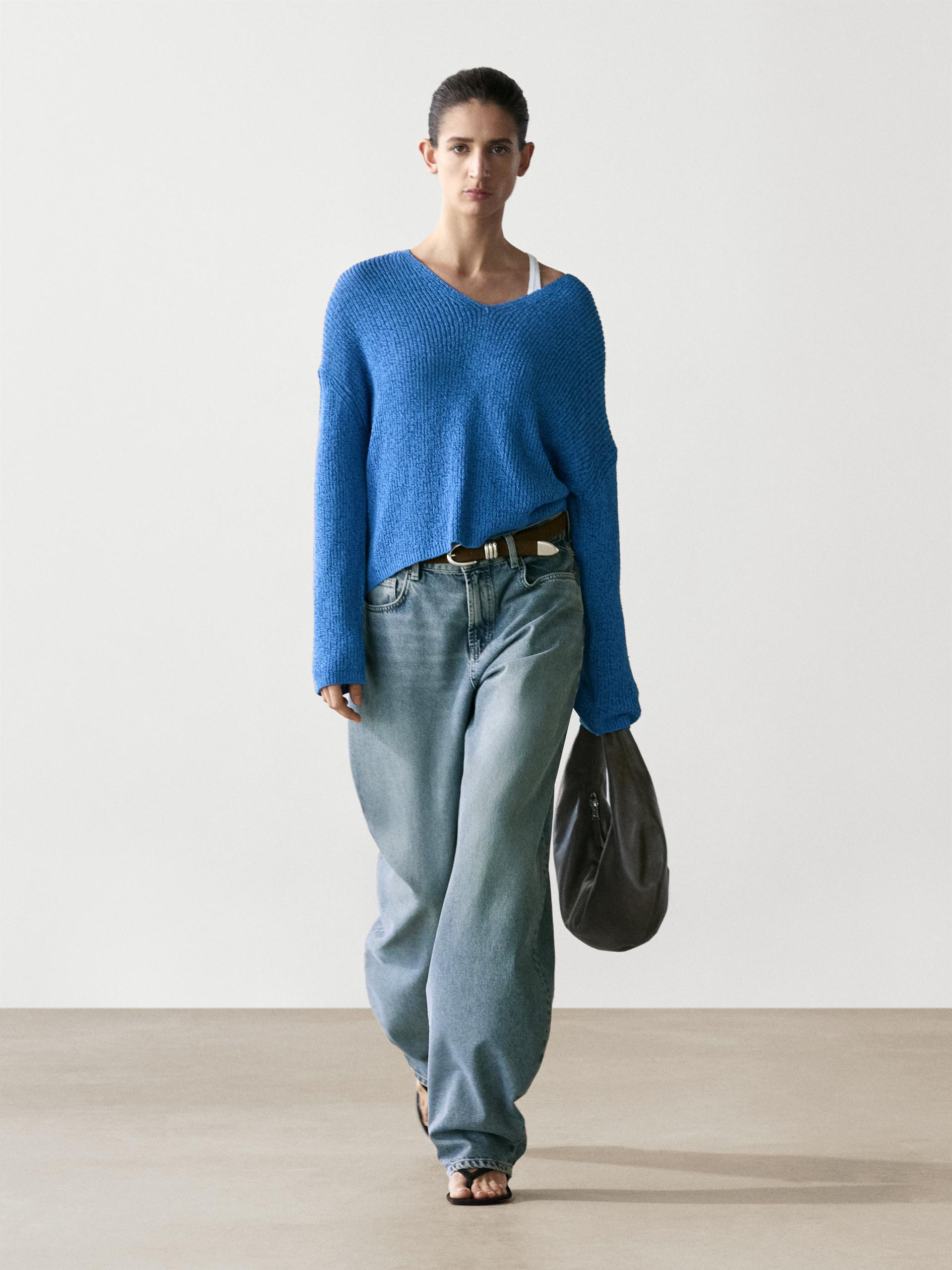 Pull Col V En Maille De Coton Mélangé - Bleuâtre - M - Massimo Dutti - Femme