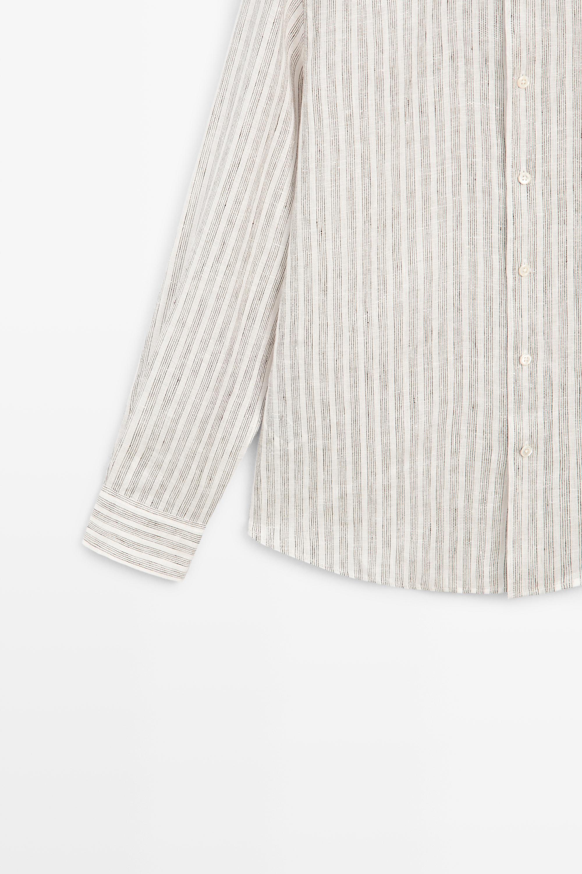 100% linen regular fit striped shirt — BROWN