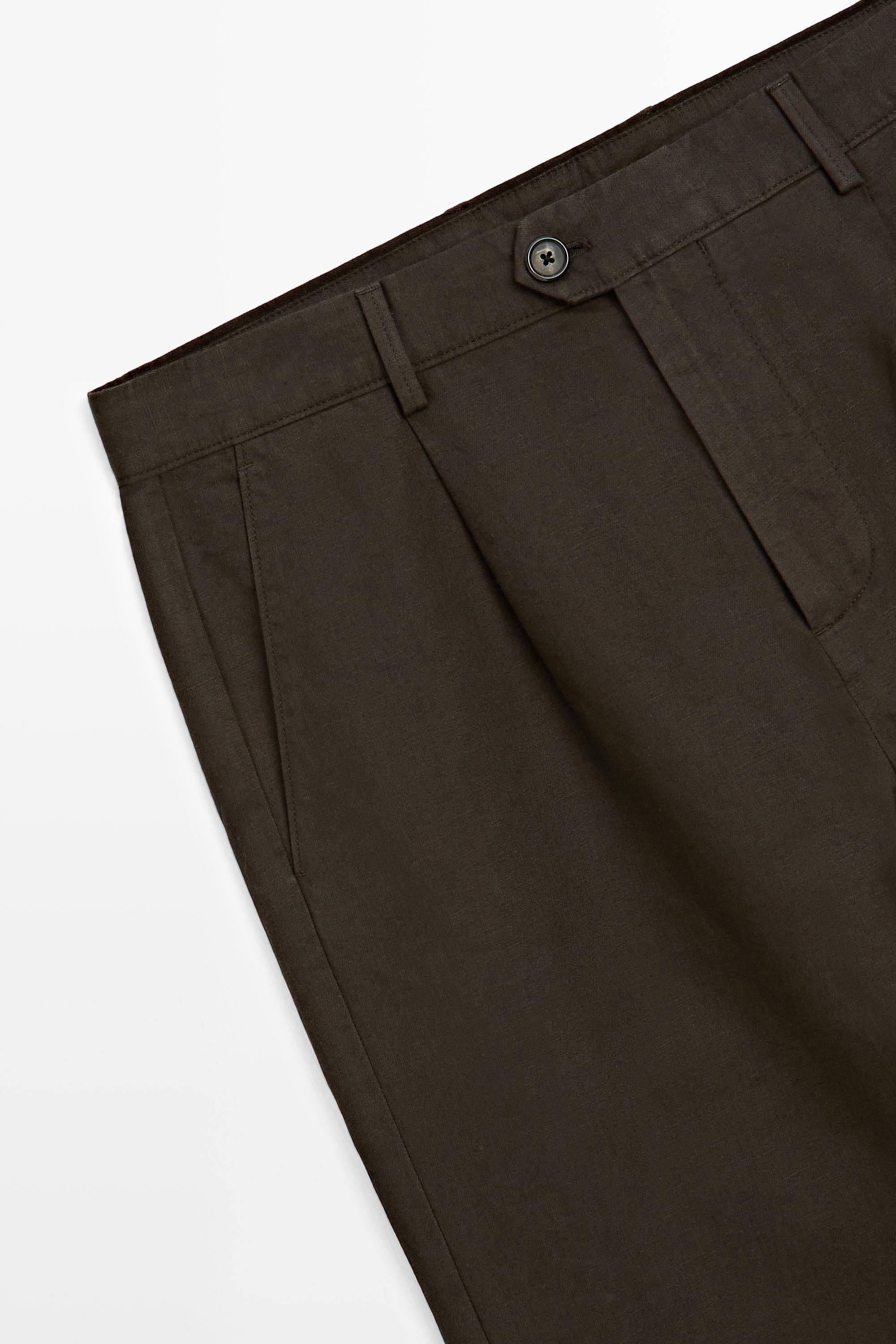 Straight-leg linen and cotton trousers with darts — BROWN