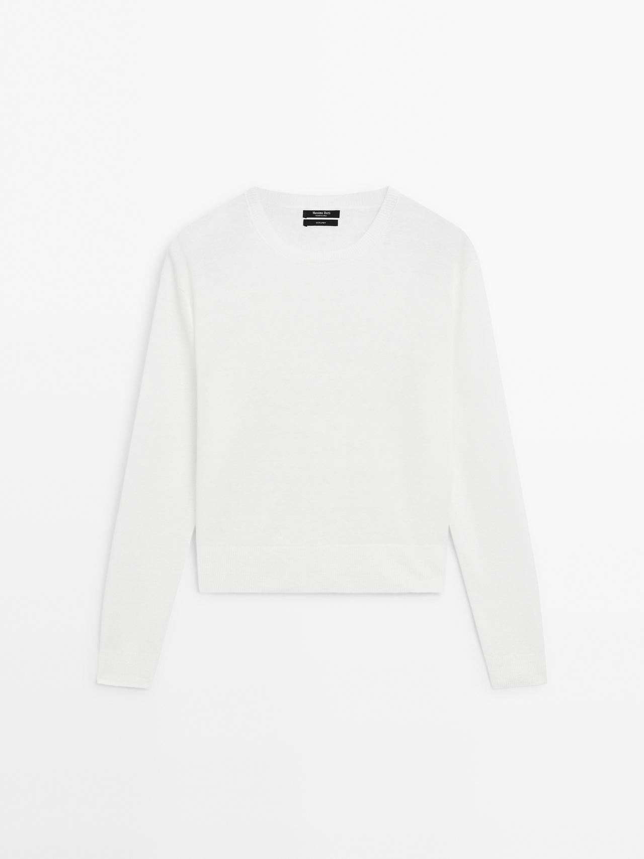 Massimo Dutti - Dame - Trøje I Strik Af 100 % Hør Med Rund Hals - Hvid - L