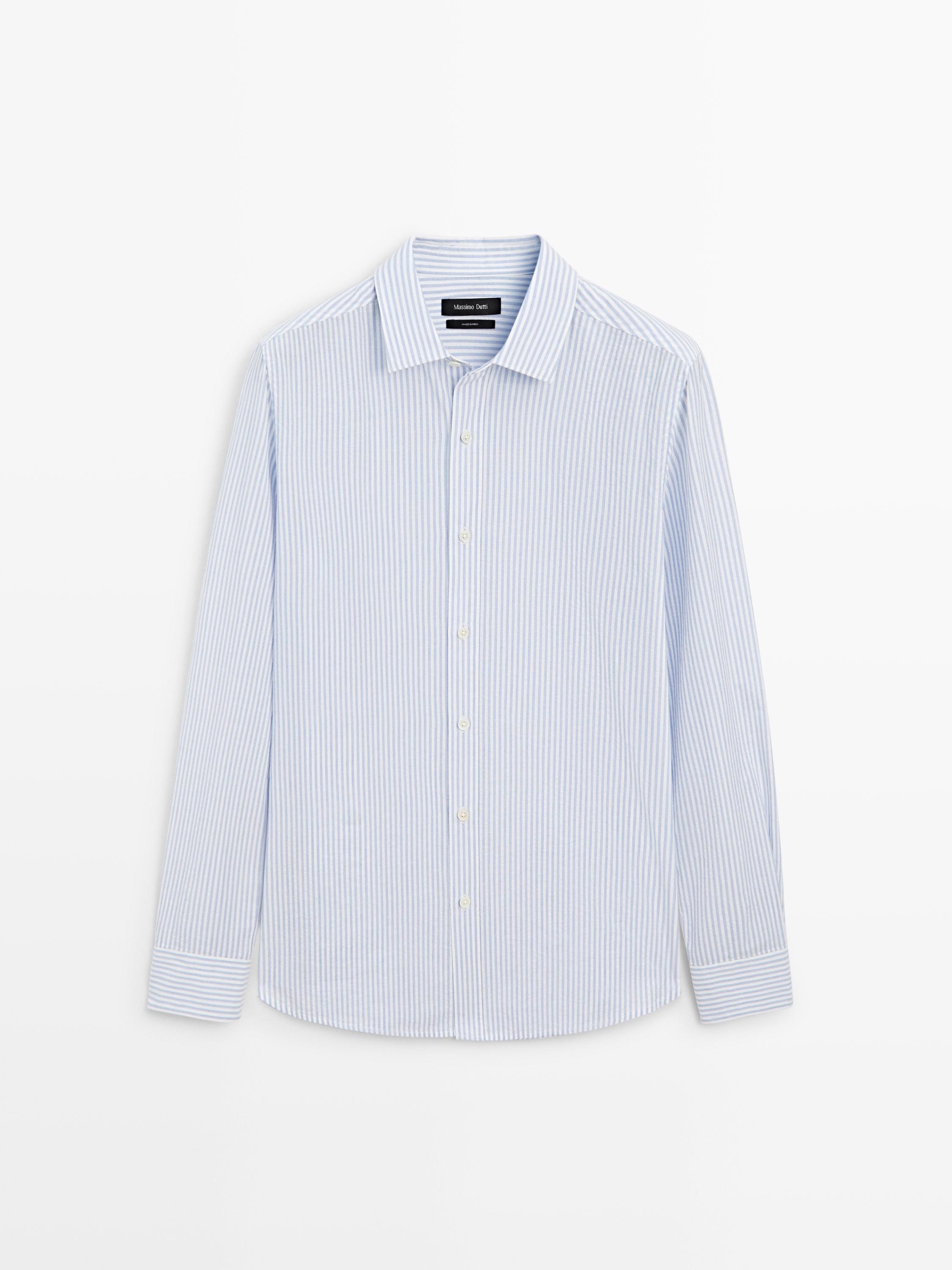 100% cotton regular fit striped shirt — BLUE