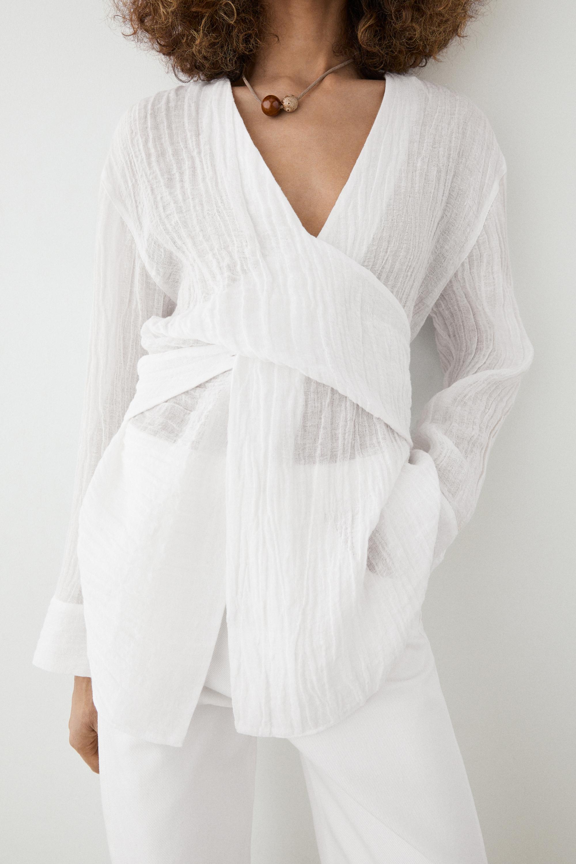 Linen blend blouse with sash belt — WHITE