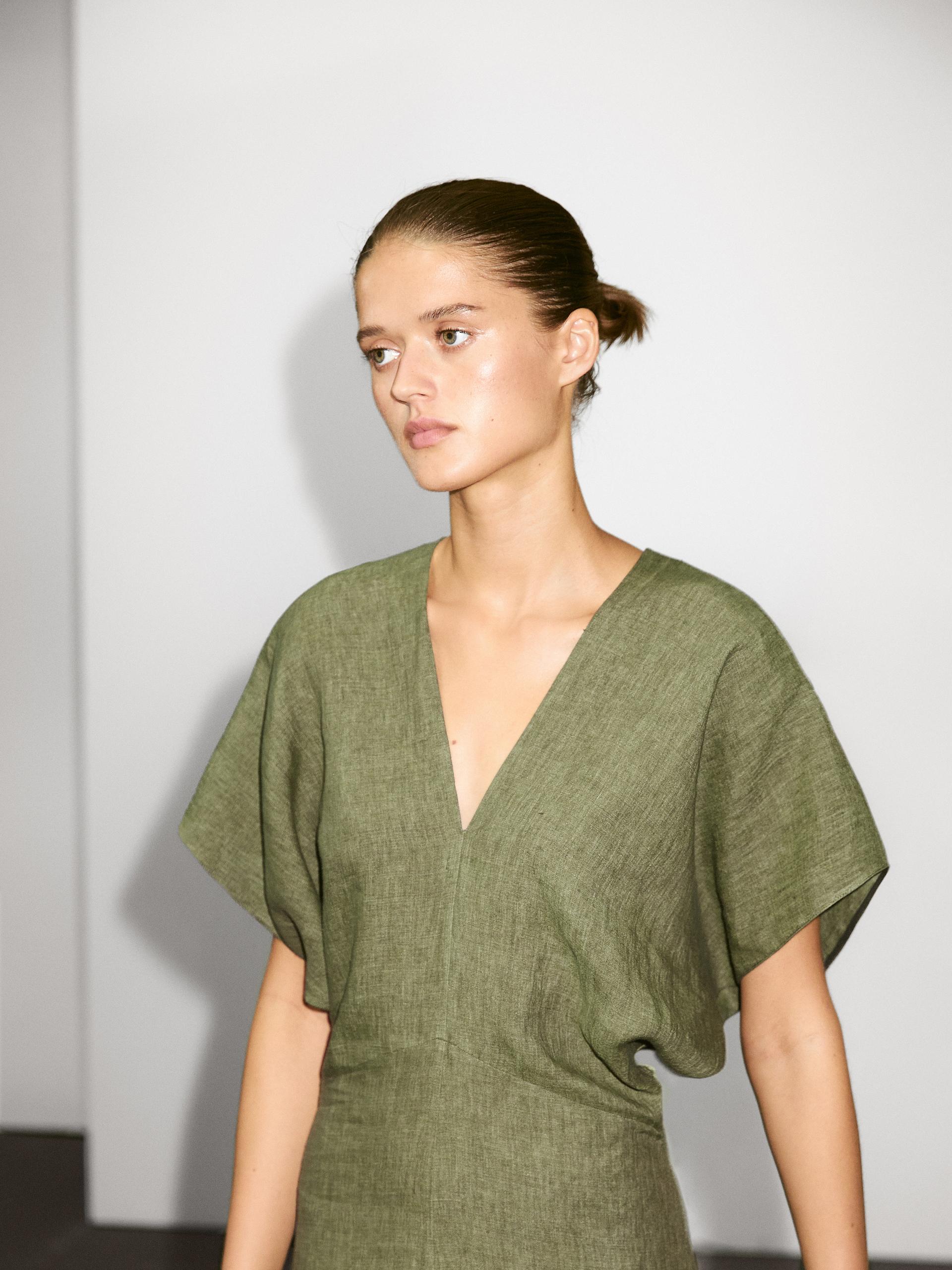 Robe Midi Manches Courtes En Lin - Vert - 36 - Massimo Dutti - Femme