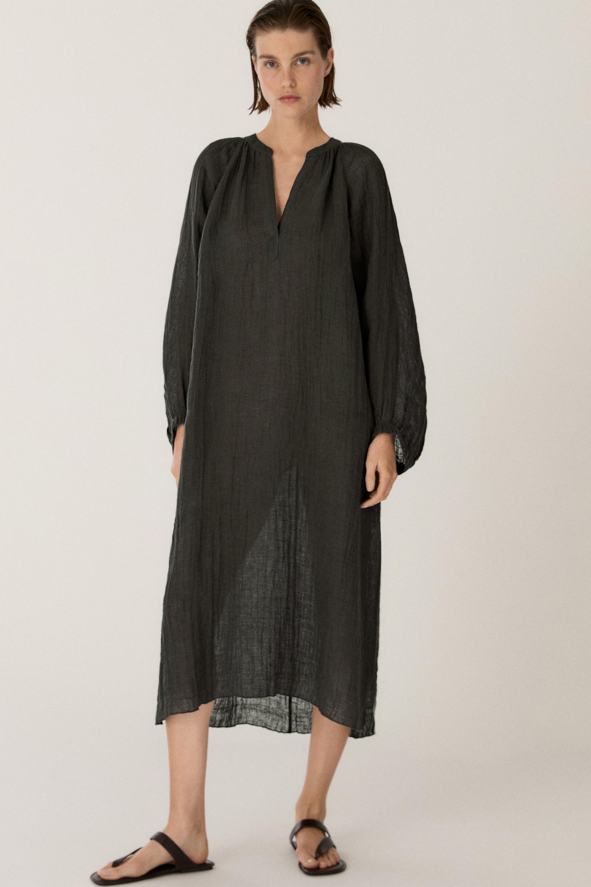 Flowing 100% linen long oversize blouse — DARK GREY