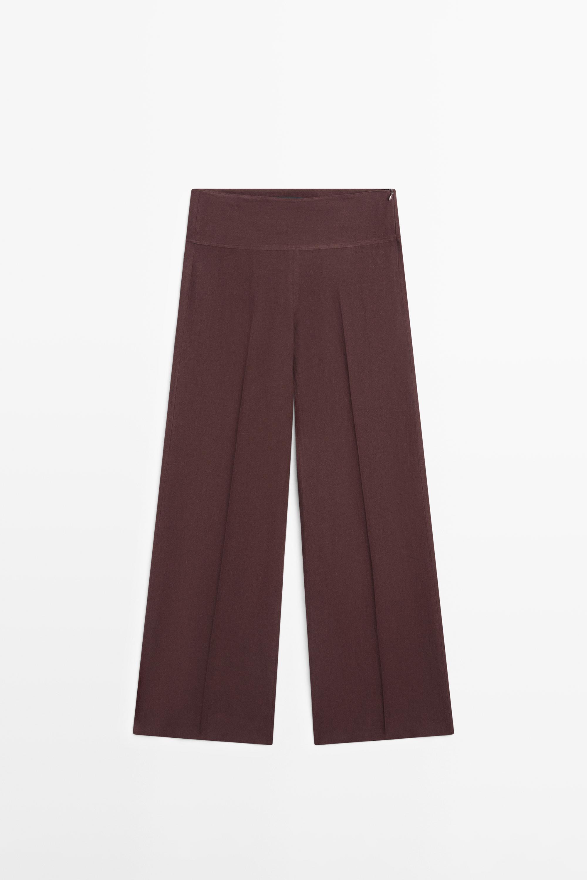 100% linen mid-waist flared pants — MAROON