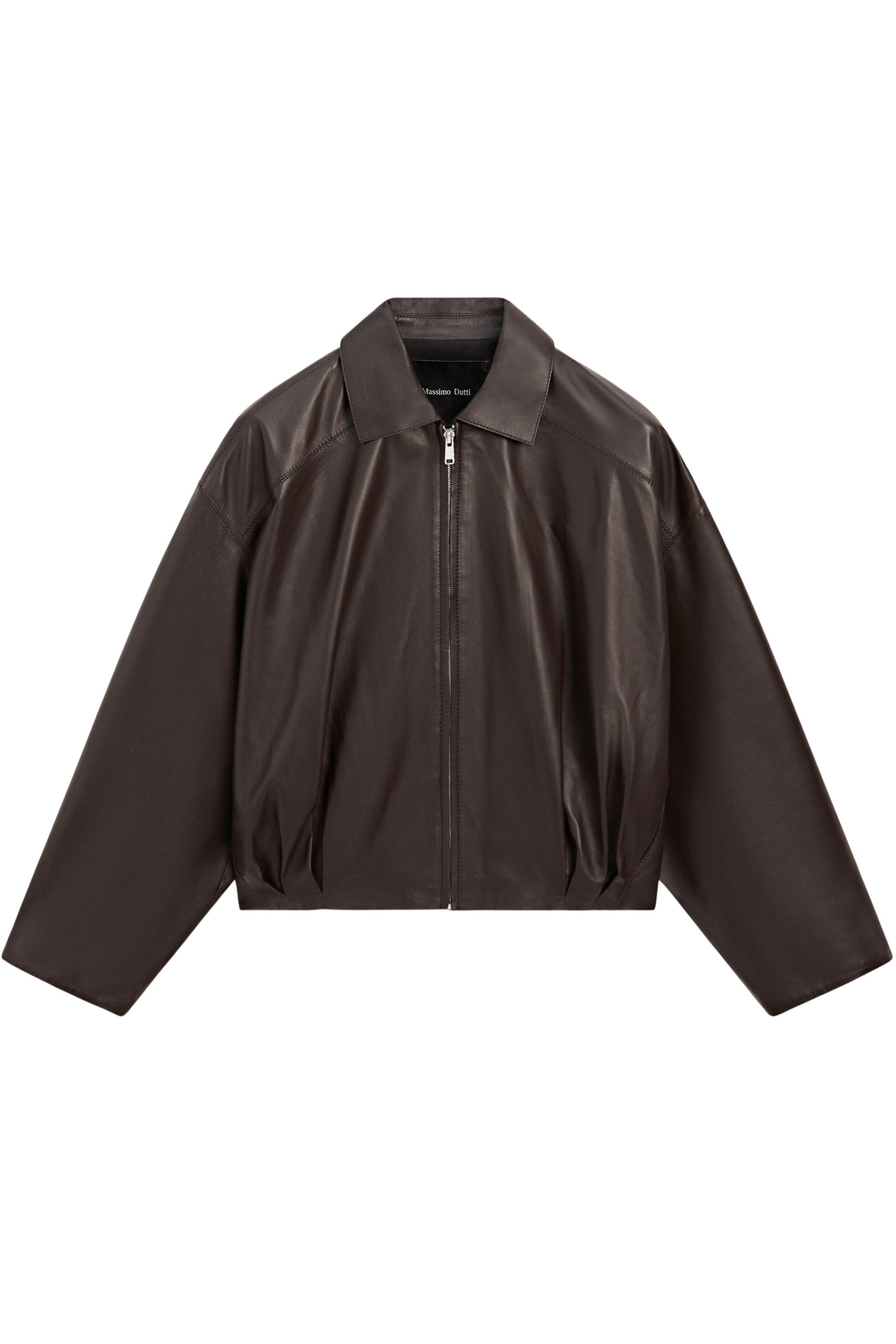 Nappa leather bomber jacket with pleat detail — BROWN