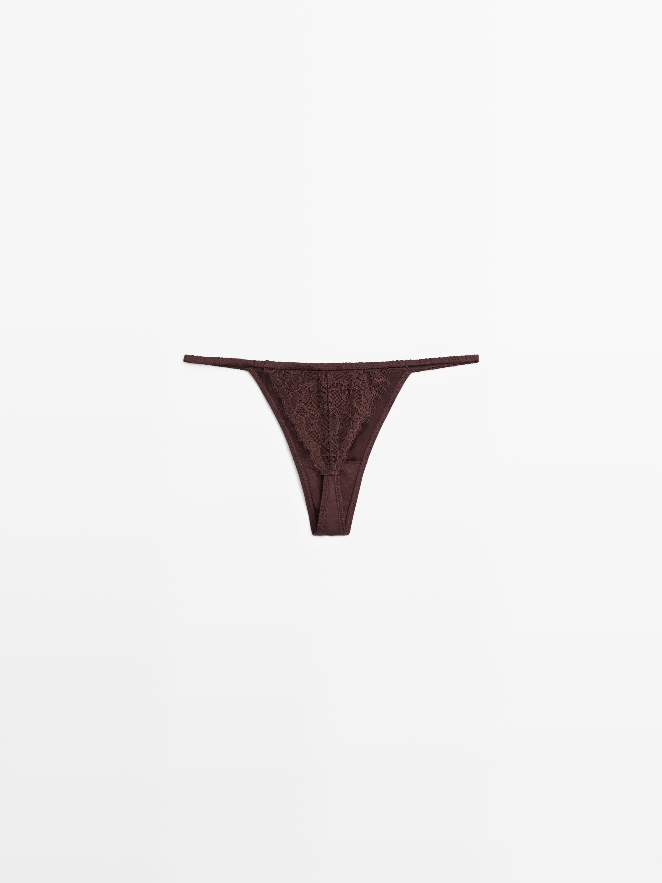 Silk thong with lace detail — BROWN