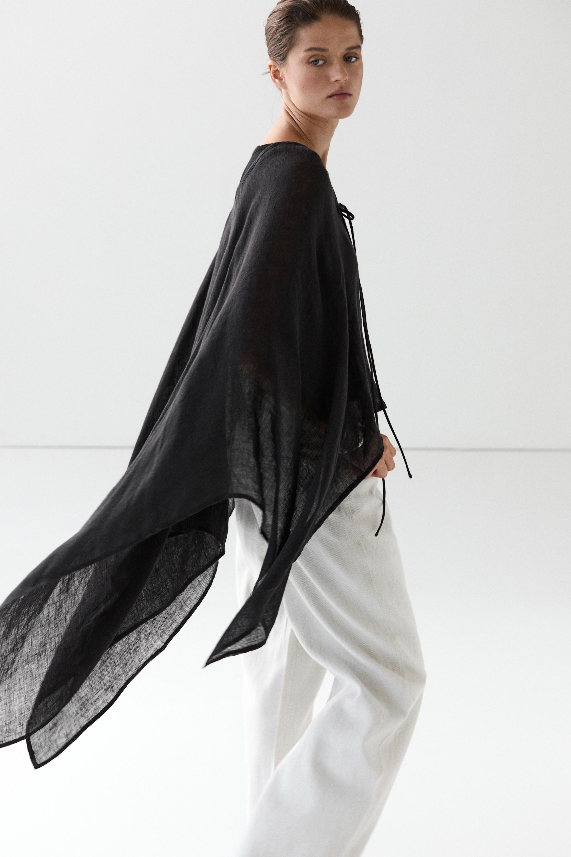 100% linen cape with tie details — BLACK