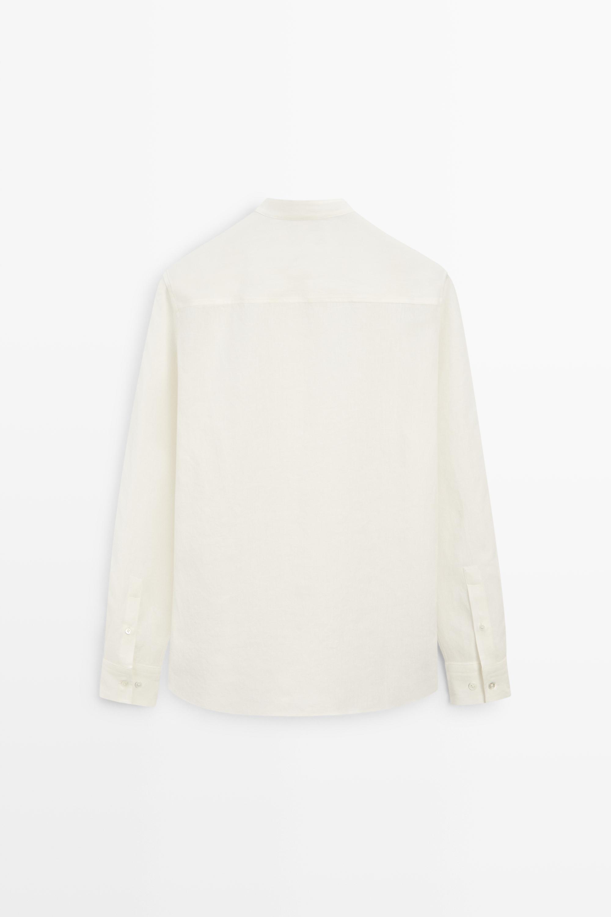 100% linen regular fit shirt with stand collar — CREAM