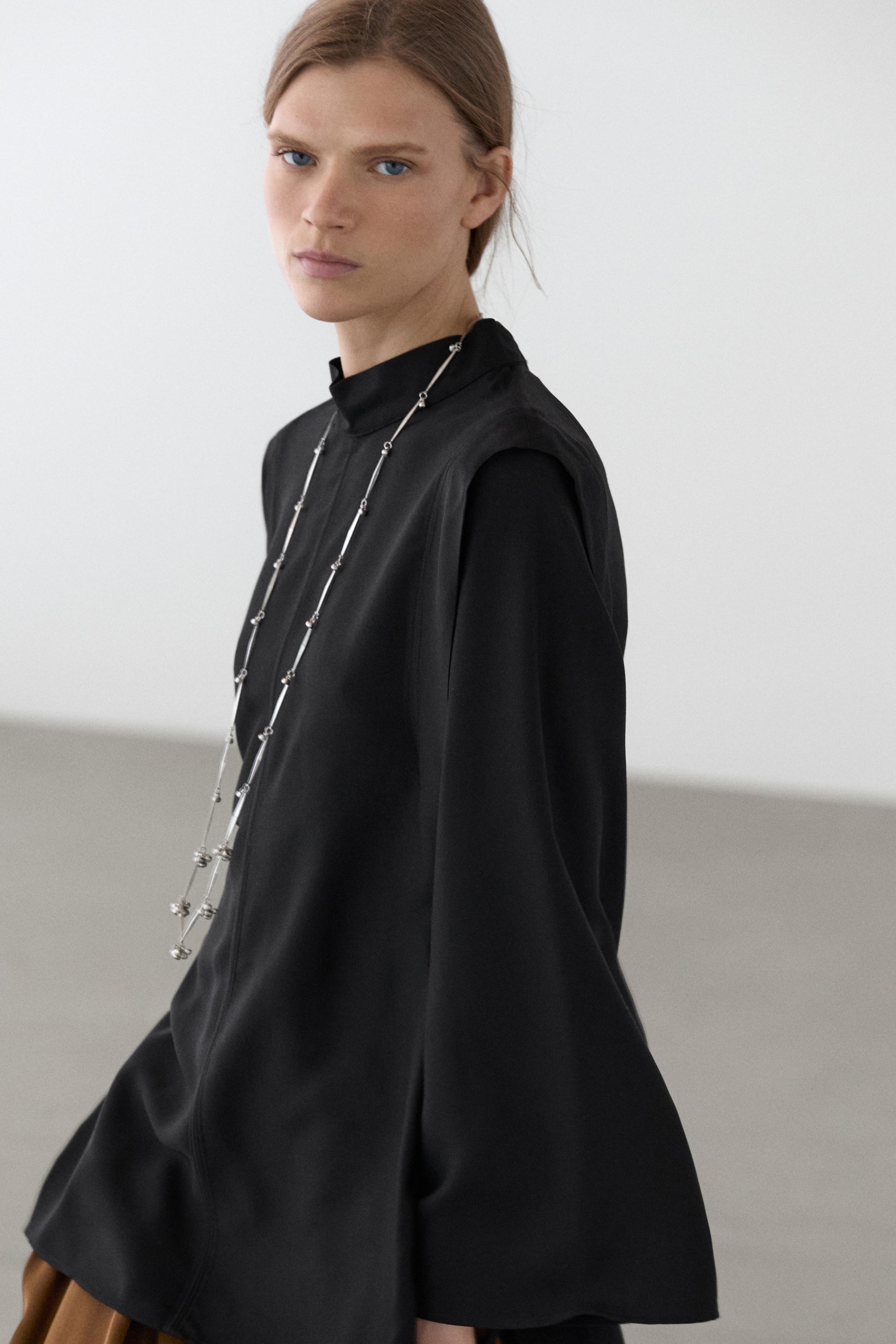 Mock turtleneck shirt with tie details — BLACK