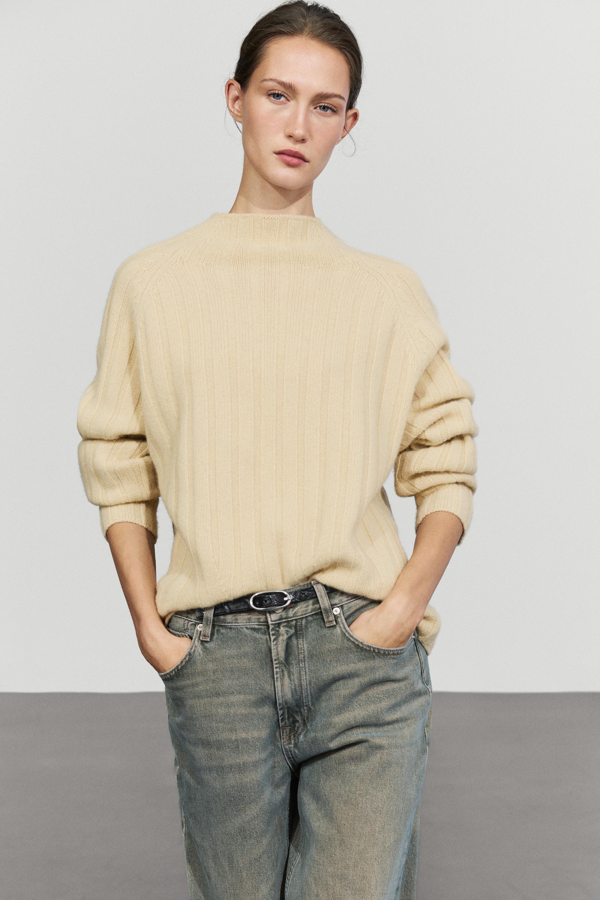 Pulover din tricot cu guler mock din lână 100% · Măsliniu · Pulovere ...