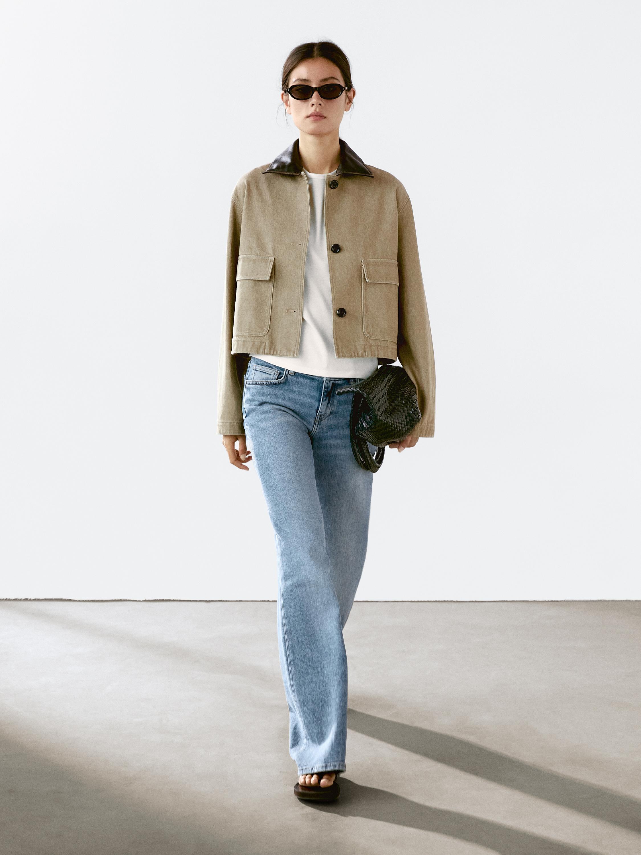 100% cotton leather jacket with collar