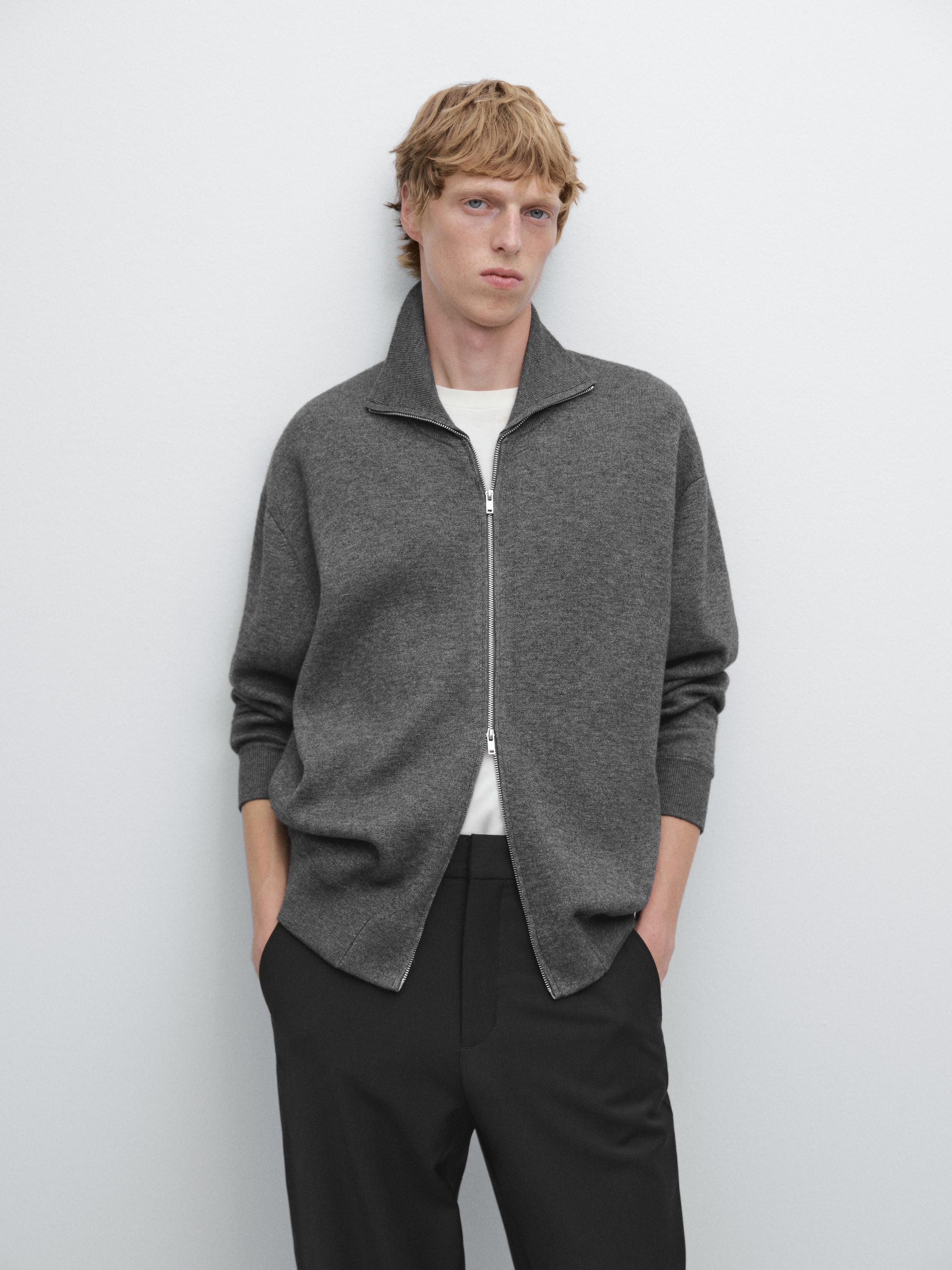 Cotton and wool blend zip-up cardigan