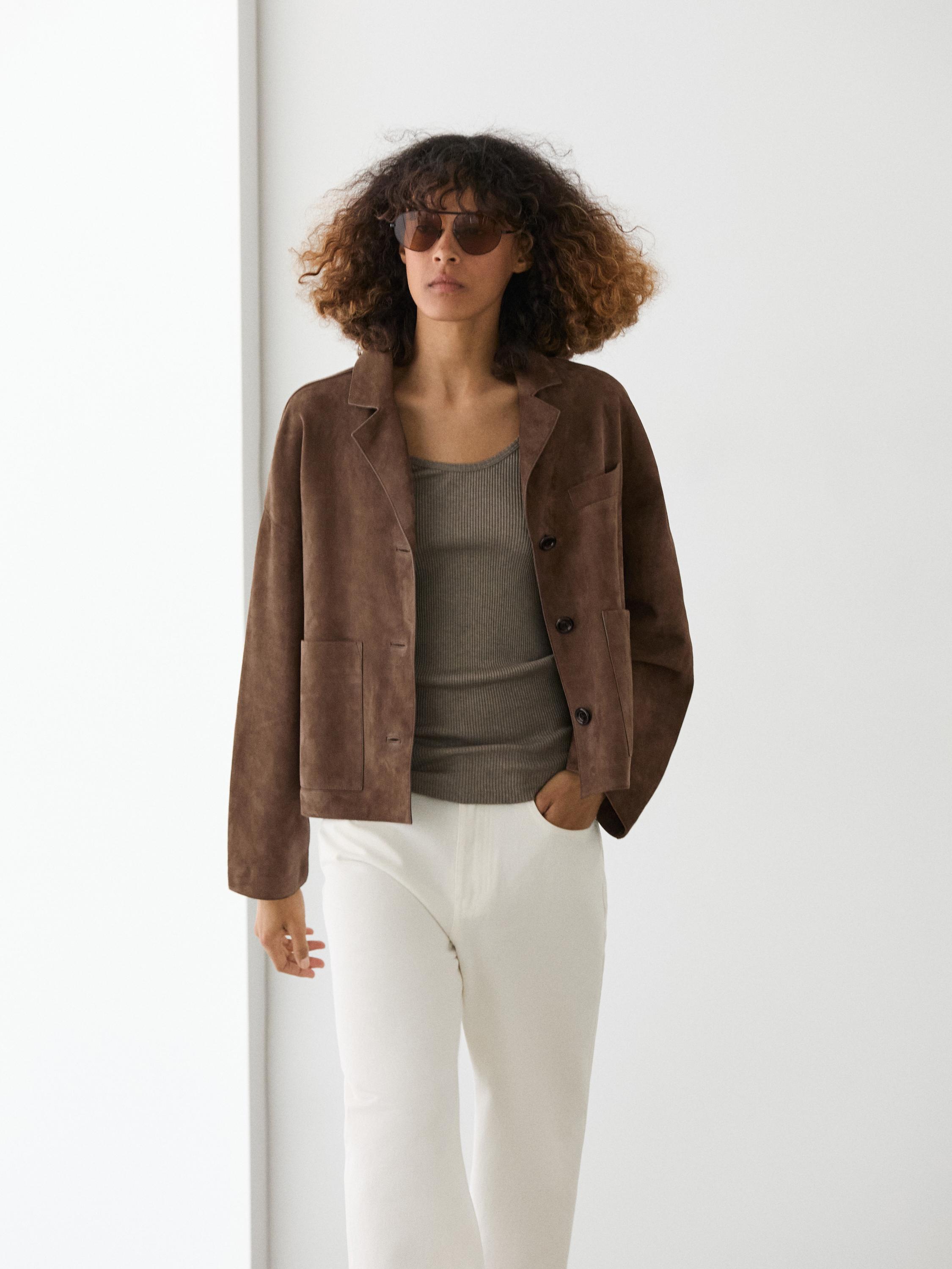 Flowing leather jacket with suede finish