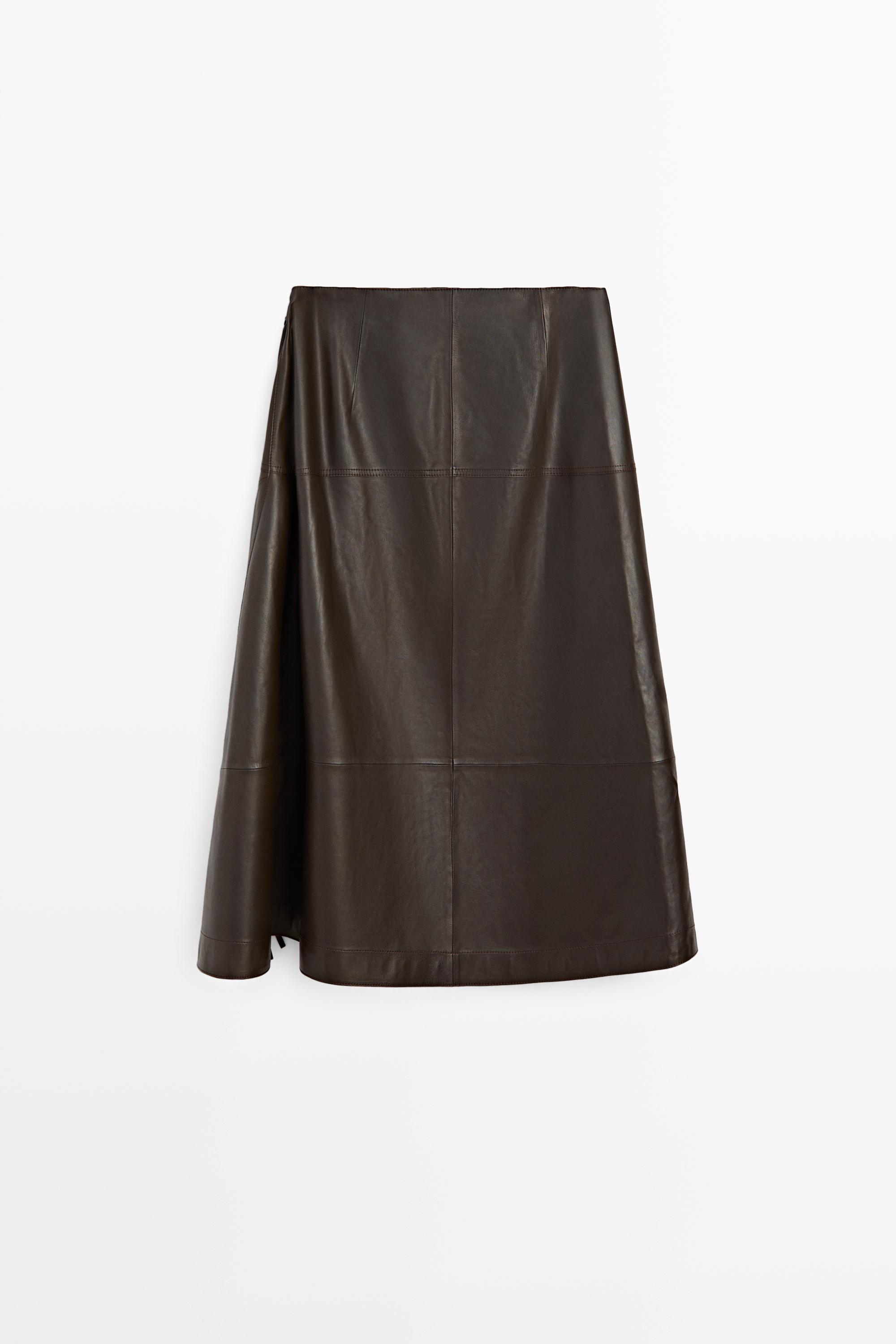 Nappa leather midi skirt with tie detail — BROWN