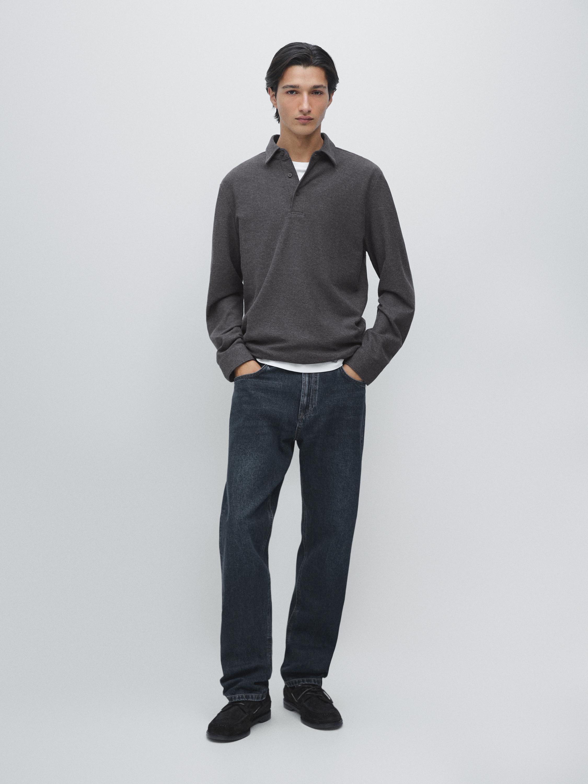 Textured piqué polo shirt with long sleeves