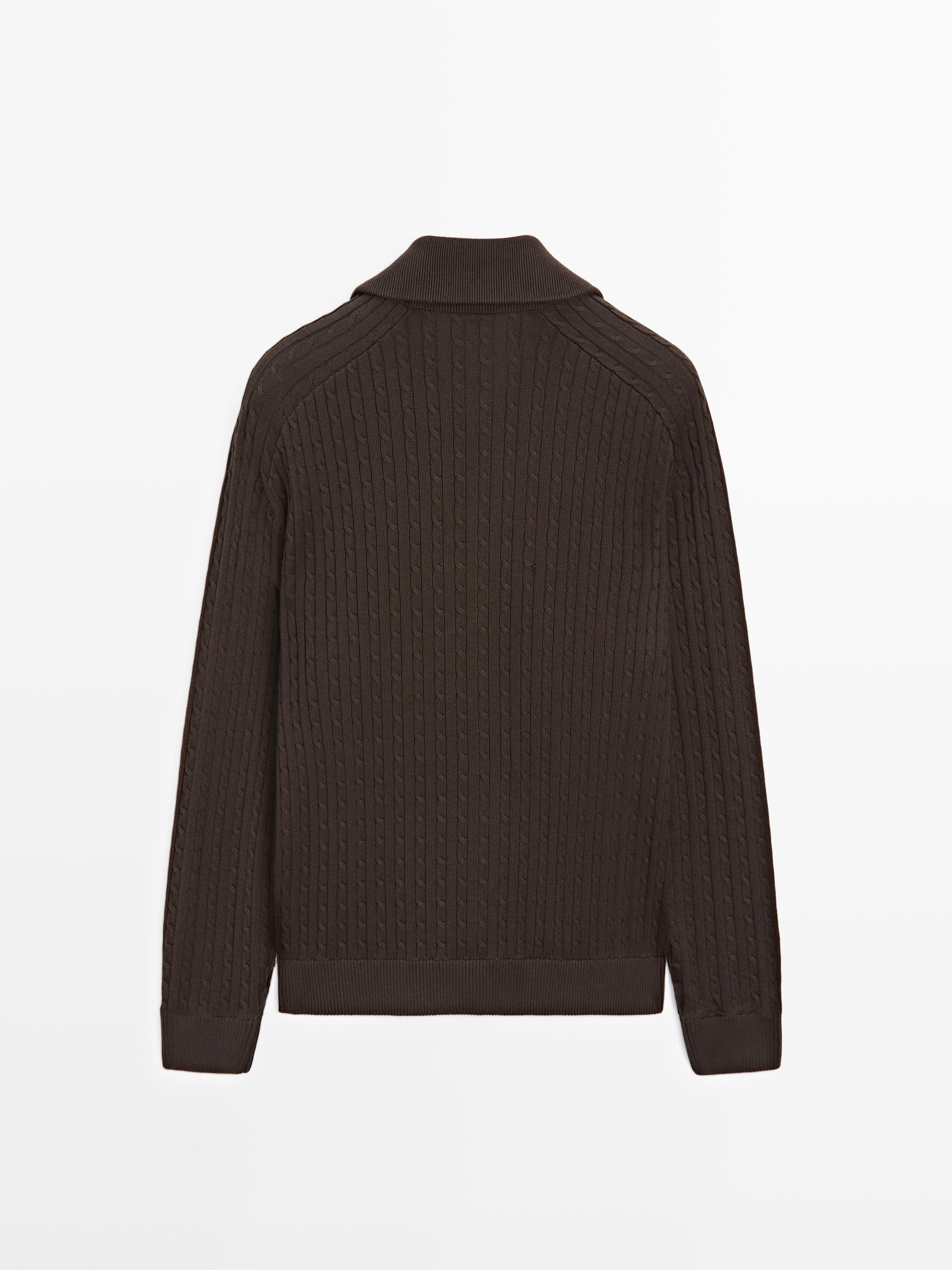 Cotton cable-knit cardigan with zip — BROWN MARL