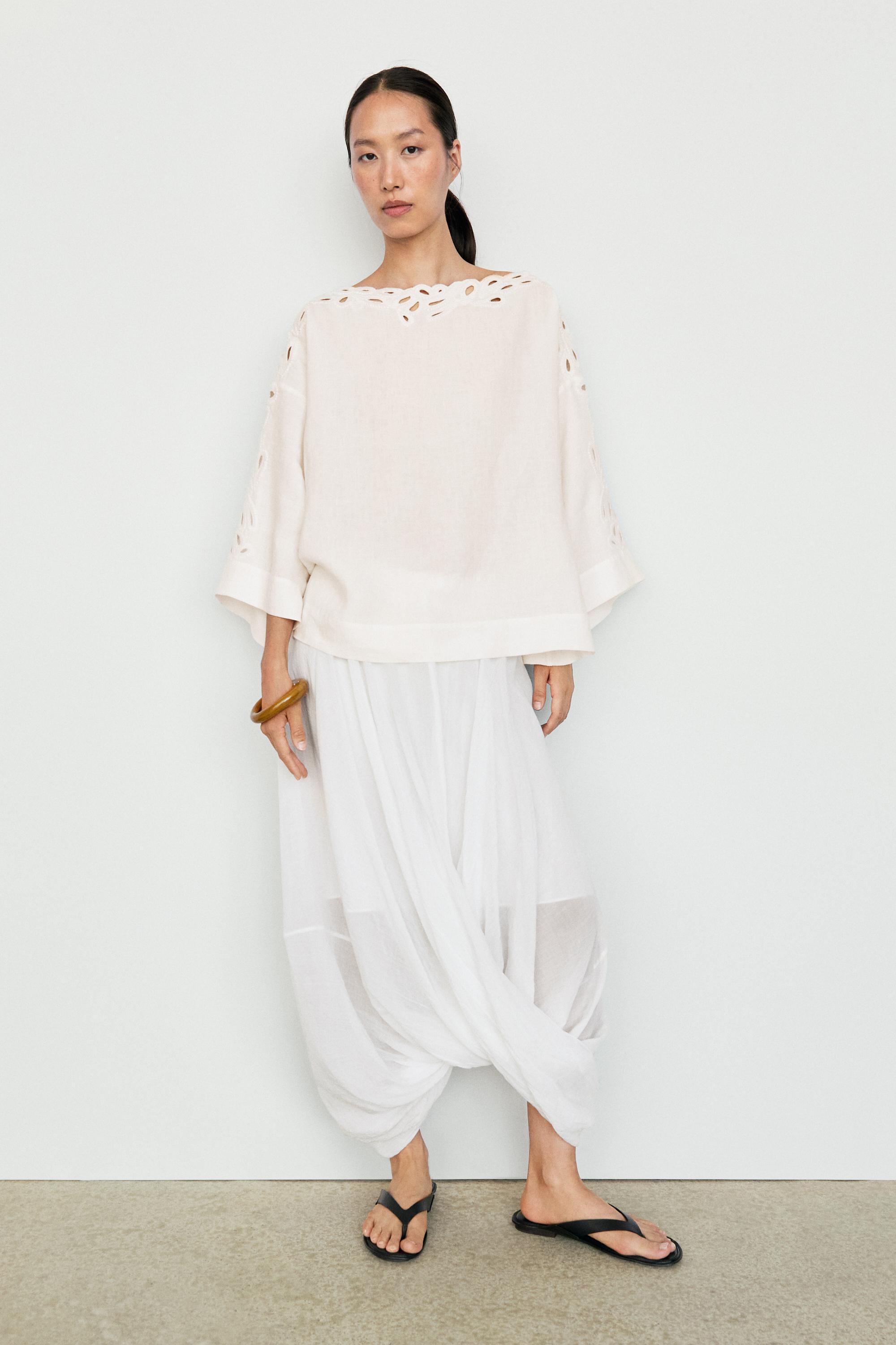 Linen boat neck blouse with embroidery — CREAM