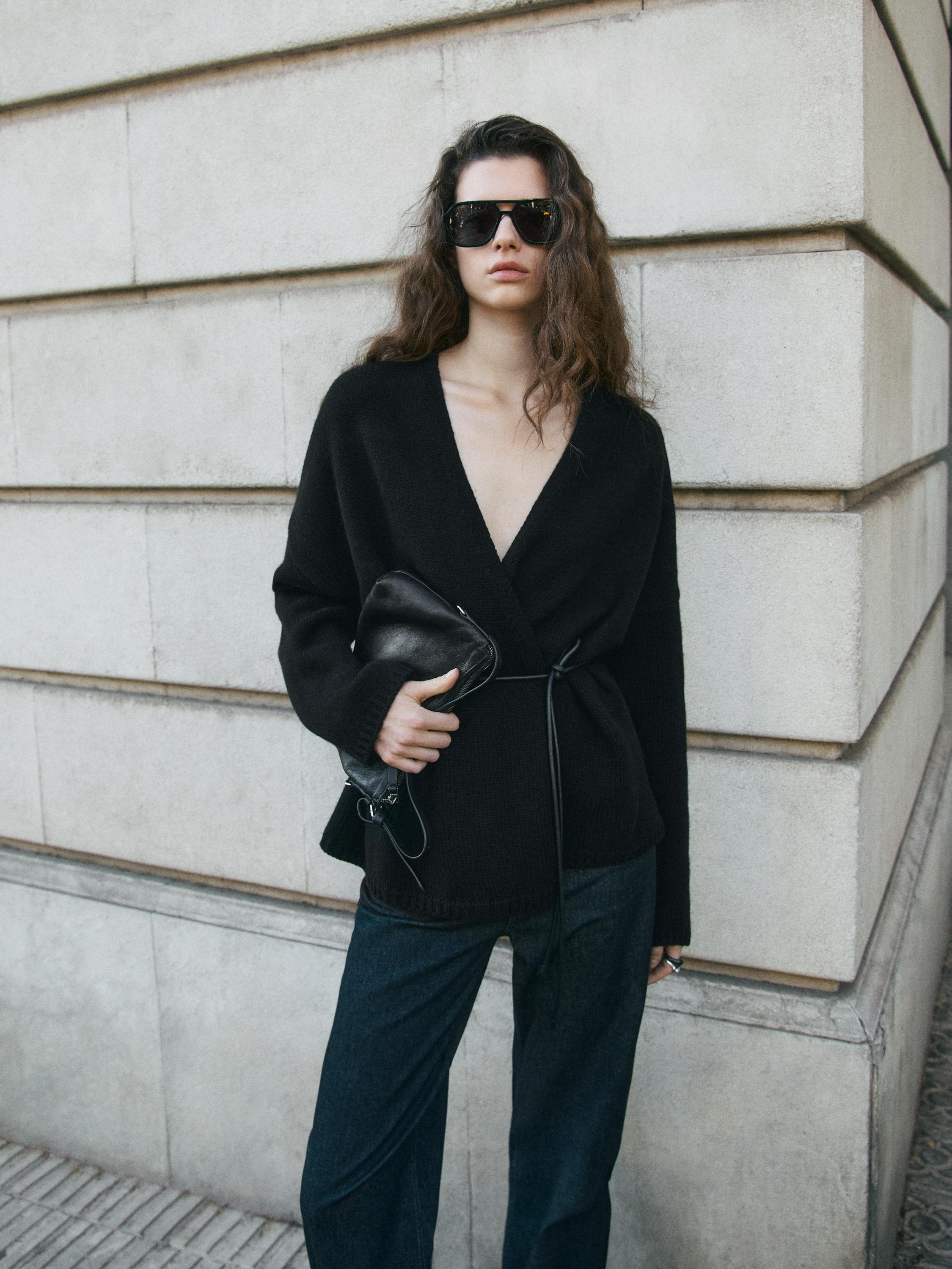 Long knit cardigan with belt