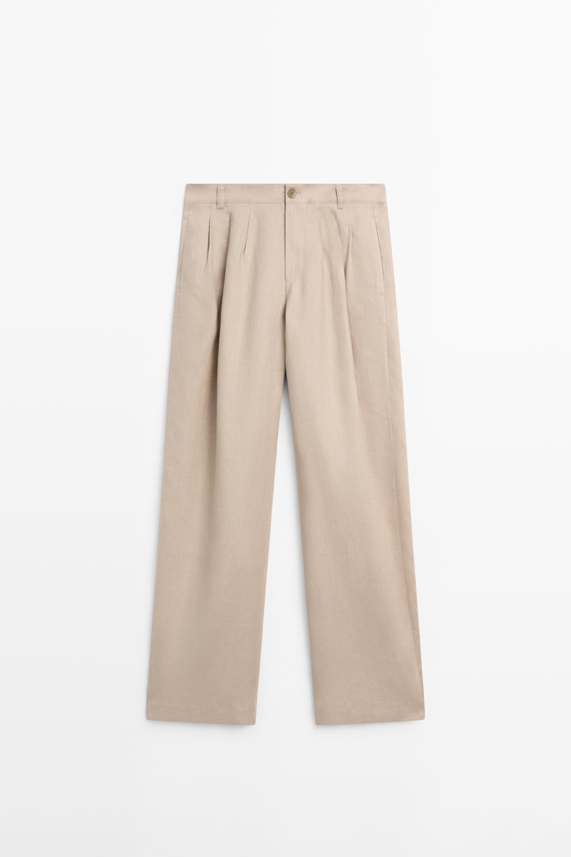 Wide-leg pleated linen trousers — STONE