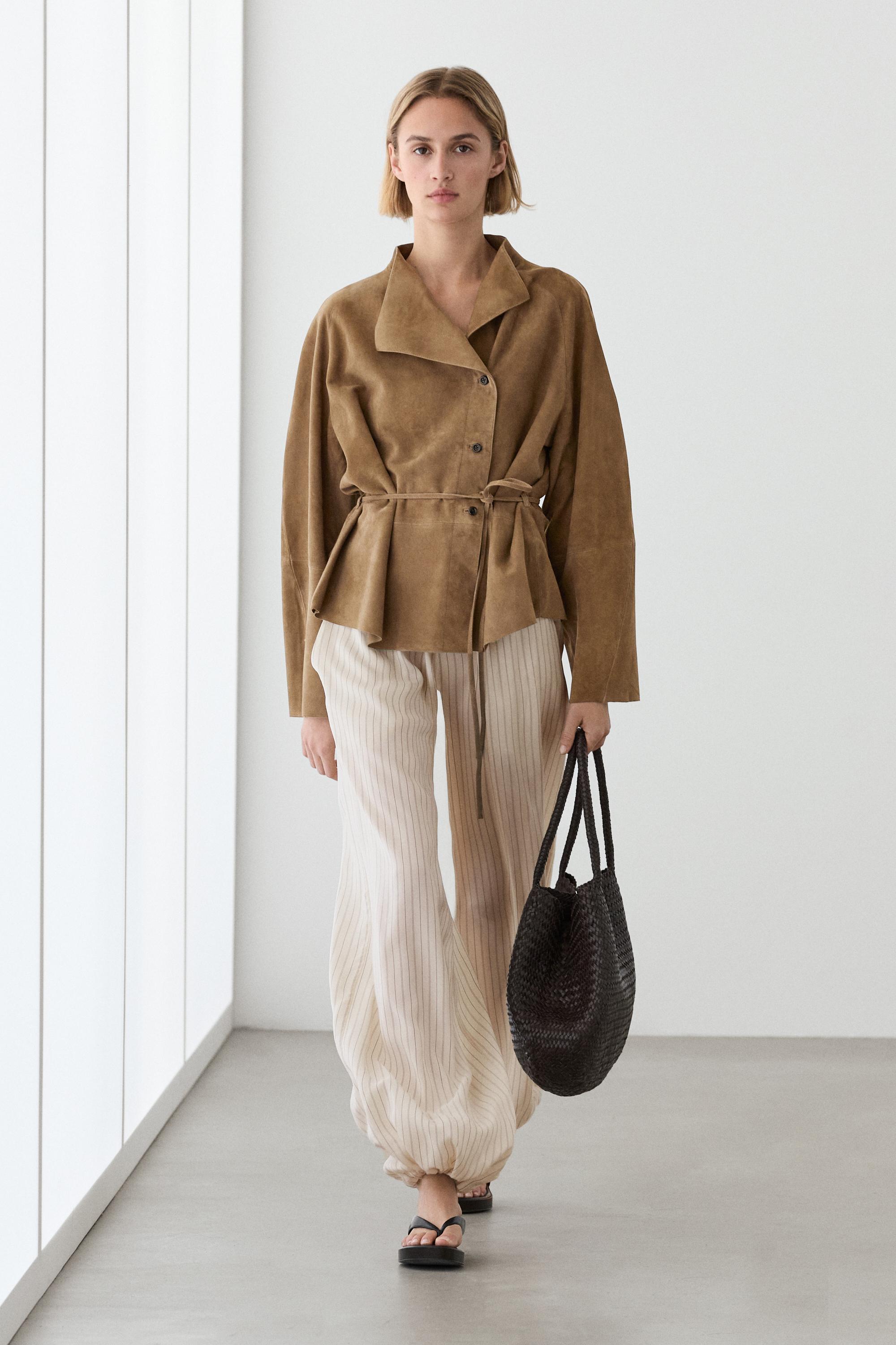Suede leather jacket with drawstring — SAND