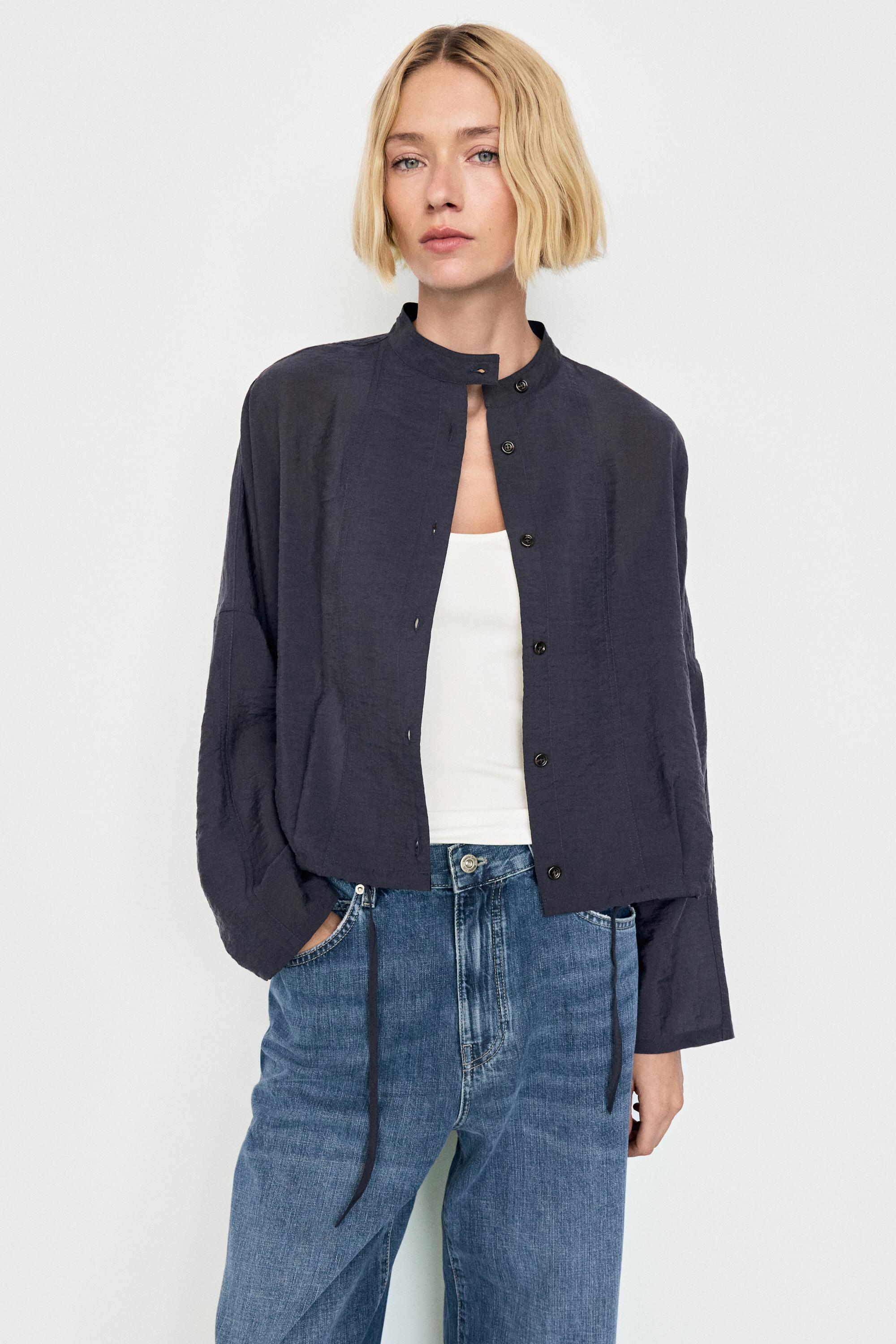 Stand collar bomber jacket with button details — MEDIUM BLUE