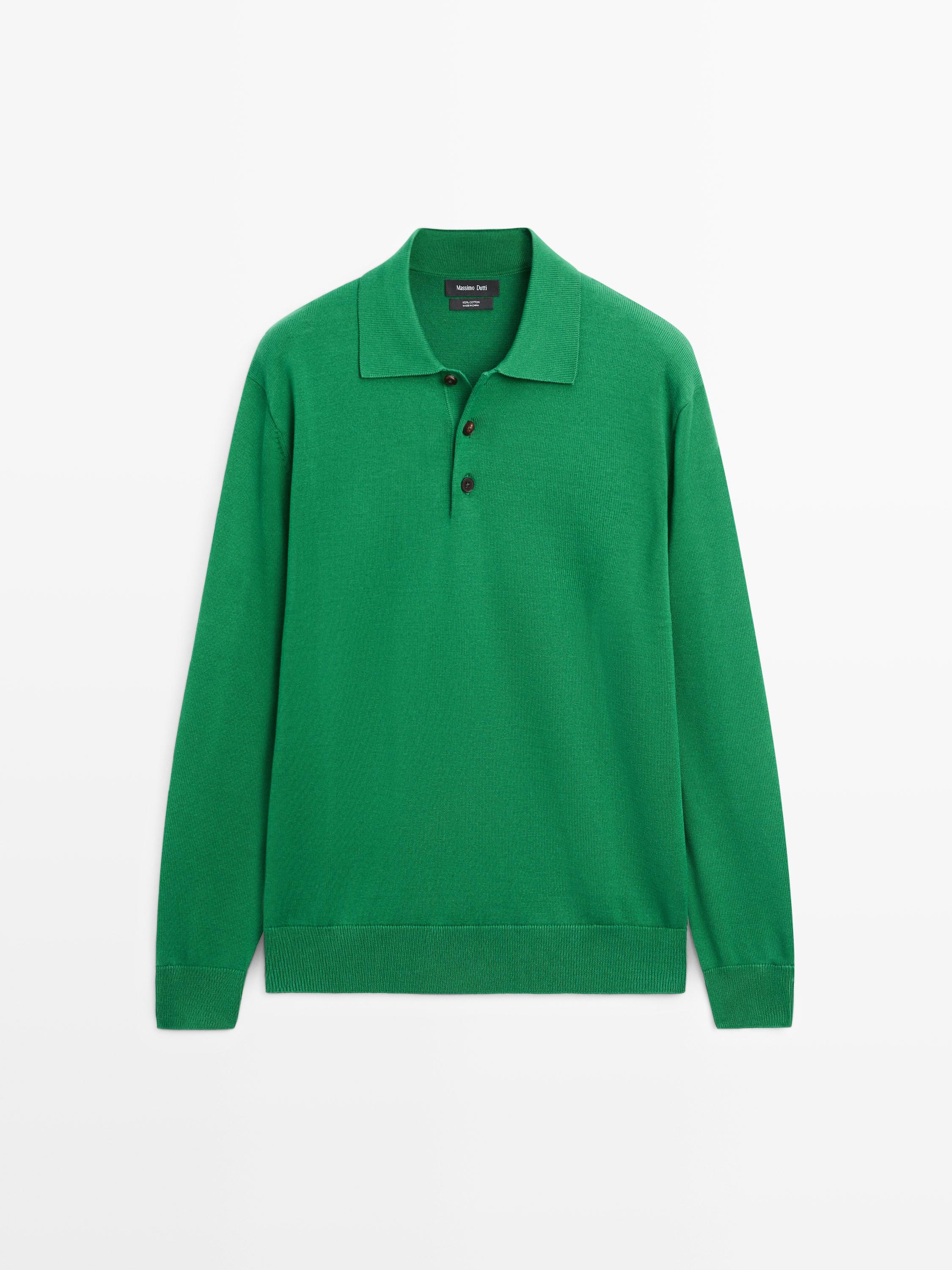 Cotton knit polo collar sweater — Green billiard