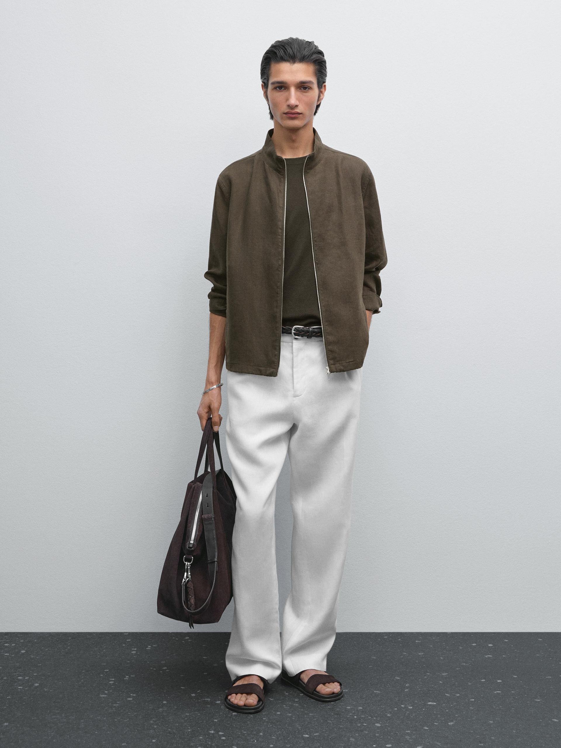 Veste Bomber 100 % Lin - Kaki Sombre - L - Massimo Dutti - Homme