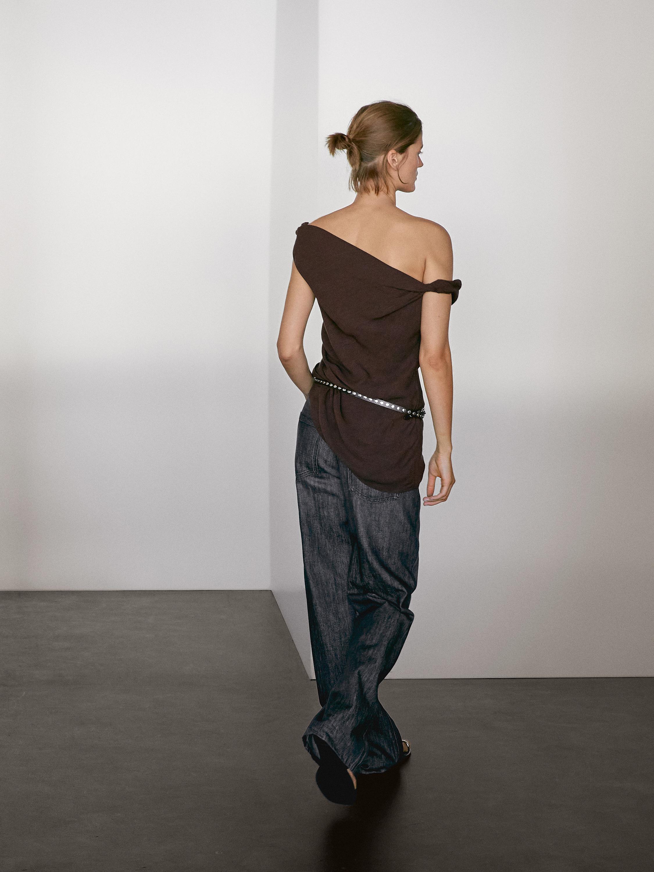 Linen blend top with asymmetric neckline