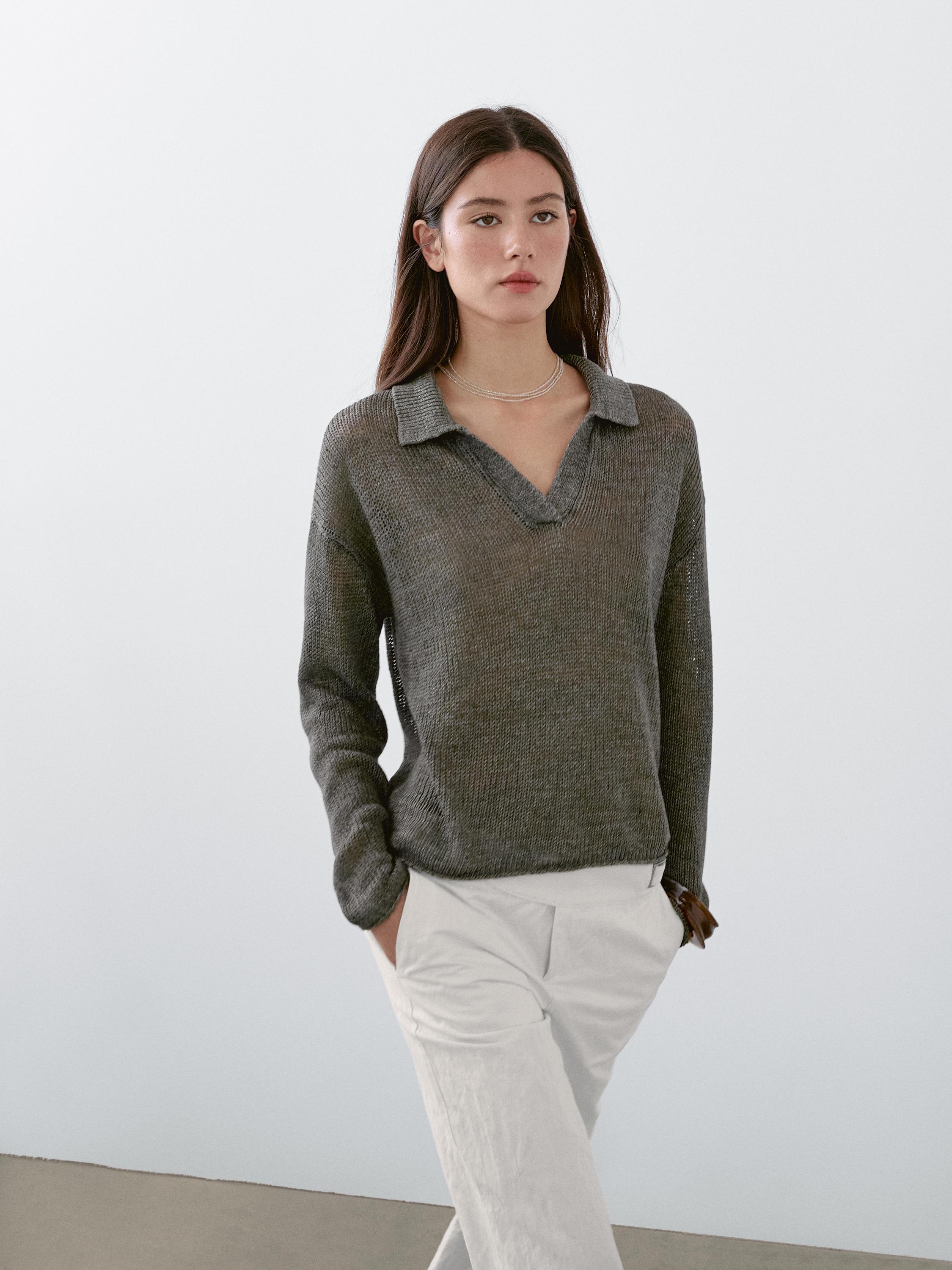 Pull en maille 100 % lin à col polo
