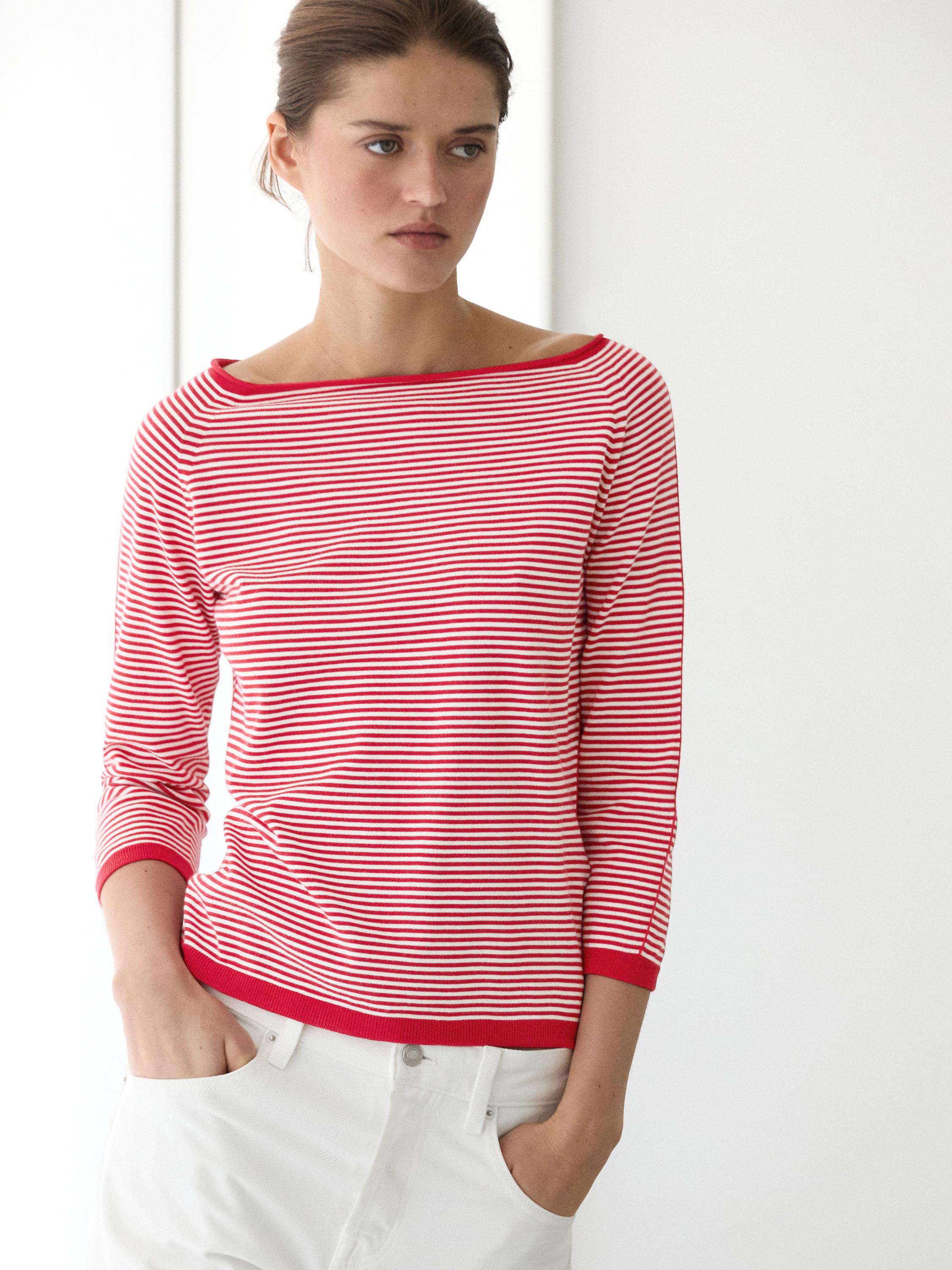100% cotton striped knit sweater — RED