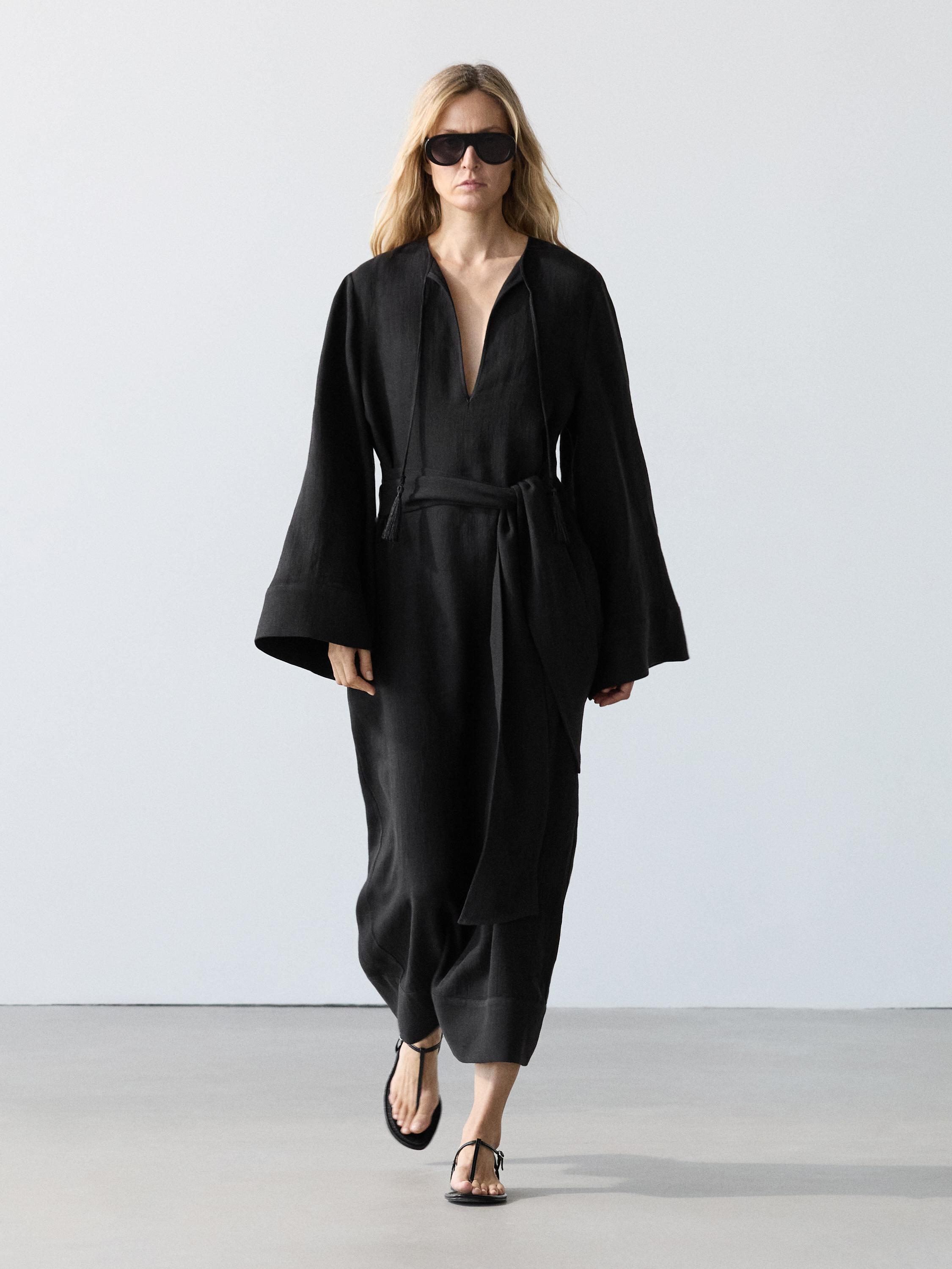 100% linen midi dress with tie detail Black Swimwear | Massimo Dutti 100% linen midi dress with tie detail Black Swimwear | Massimo Dutti