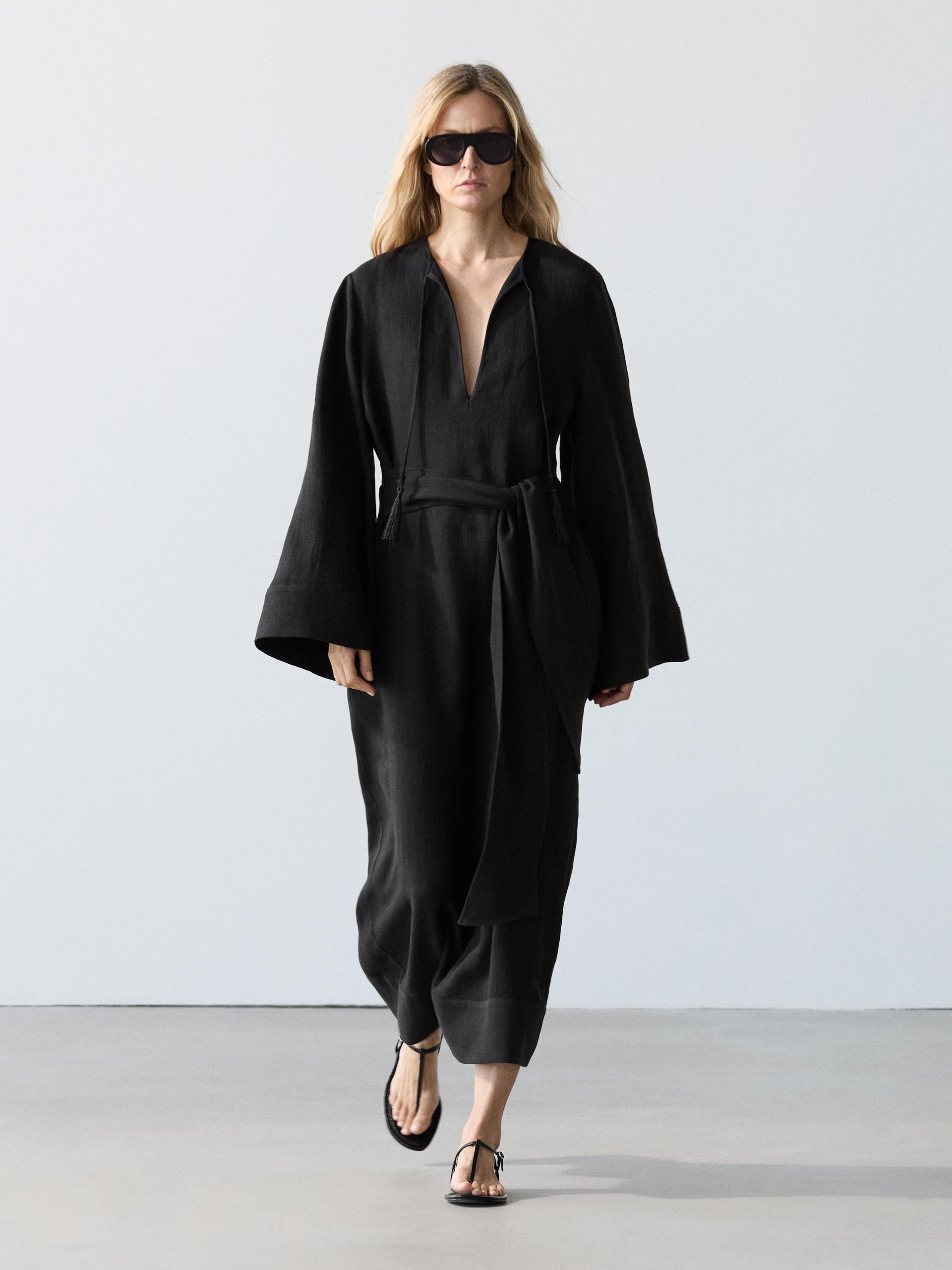 Vestito Midi Con Fiocco 100% Lino - Nero - Xs - Massimo Dutti - Femminile