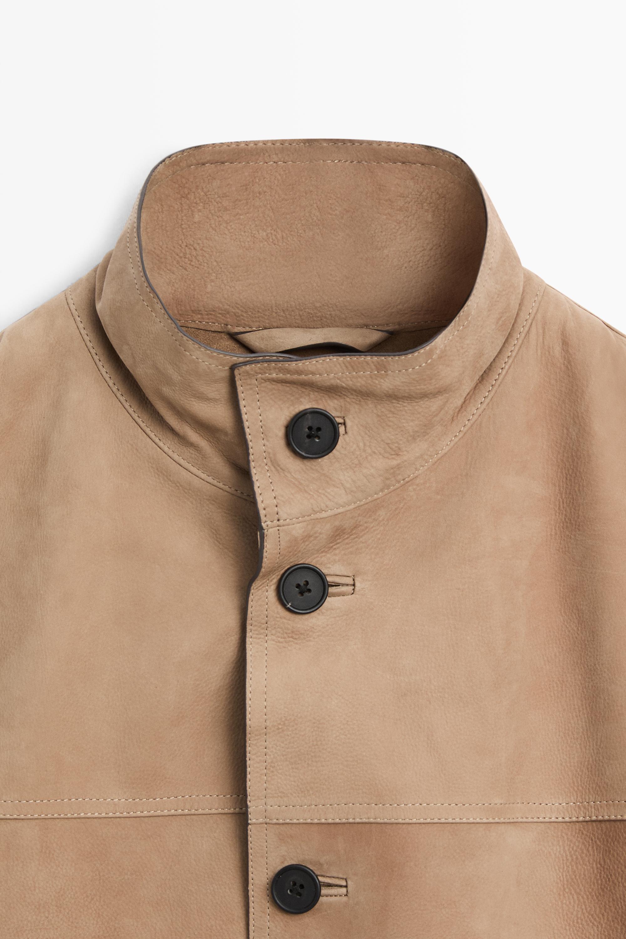 Nubuck leather jacket with stand-up collar — BEIGE
