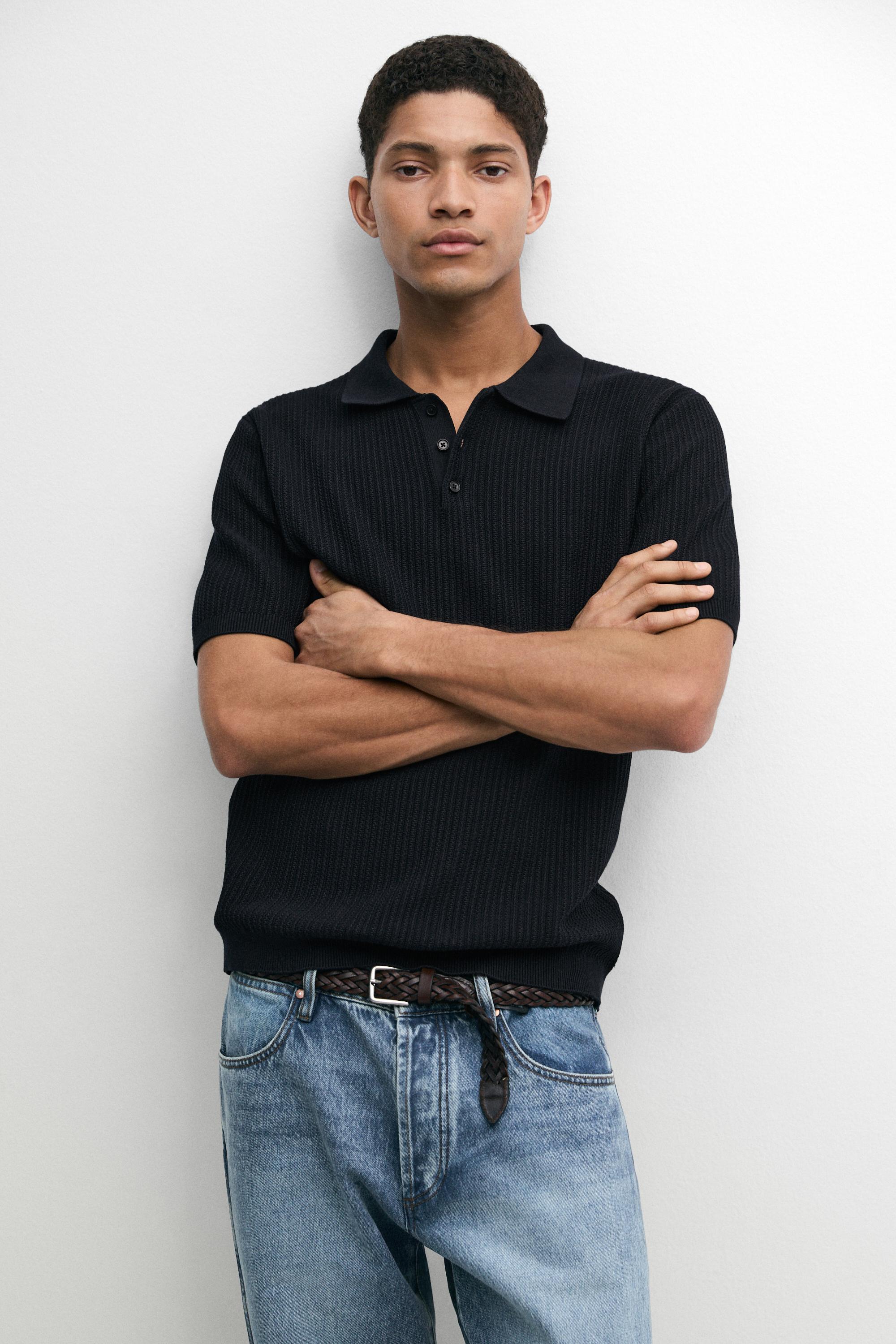 100% cotton textured knit polo sweater — NAVY BLUE