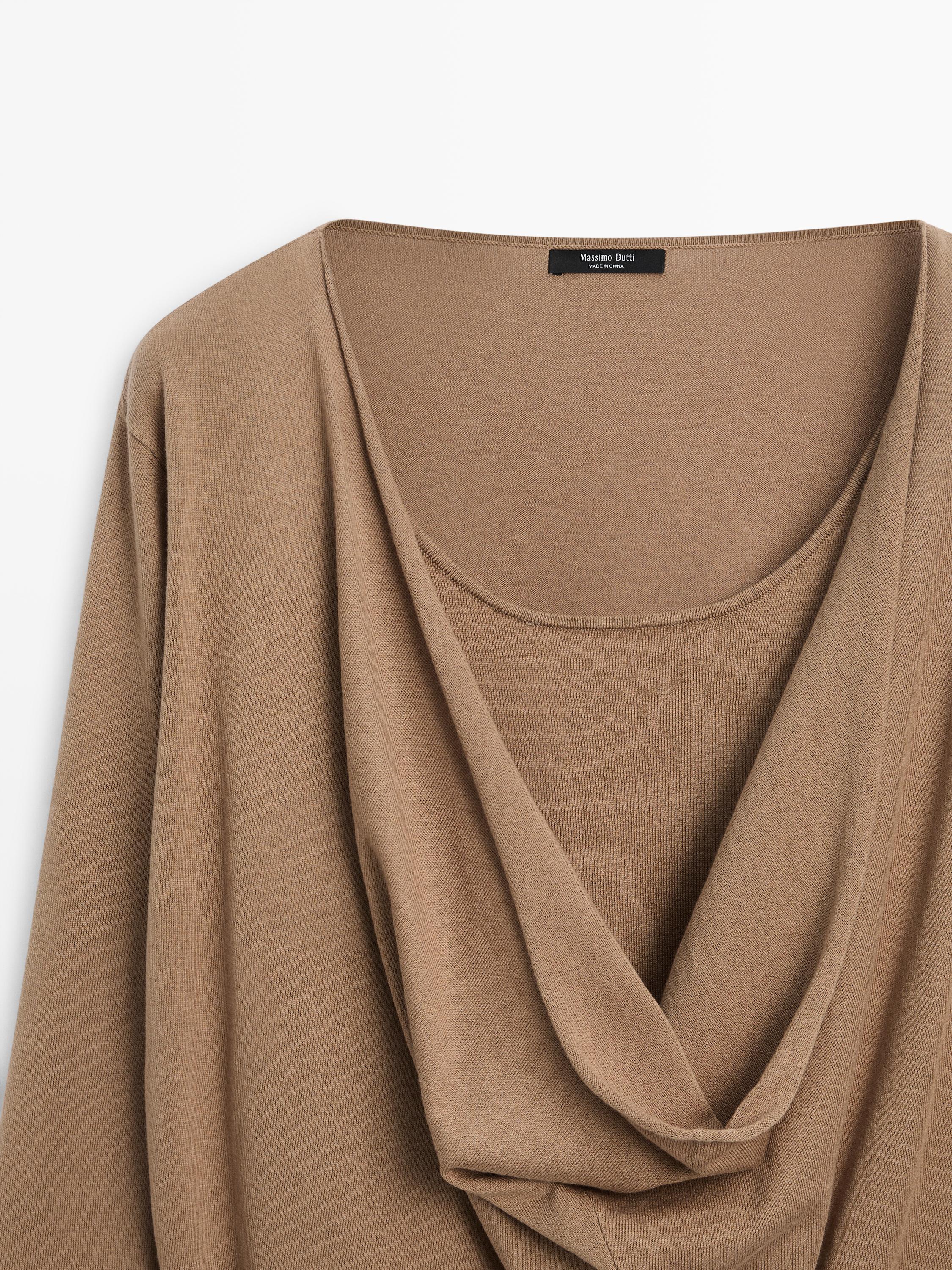 Draped neckline cotton sweater — CAMEL